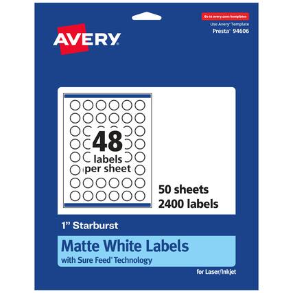 Go to avery.com/templates
AVERY
Use Avery™ Template Presta® 94606
48 labels per sheet
50 sheets
2400 labels
1" Starburst Matte White Labels with Sure Feed® Technology for Laser/Inkjet