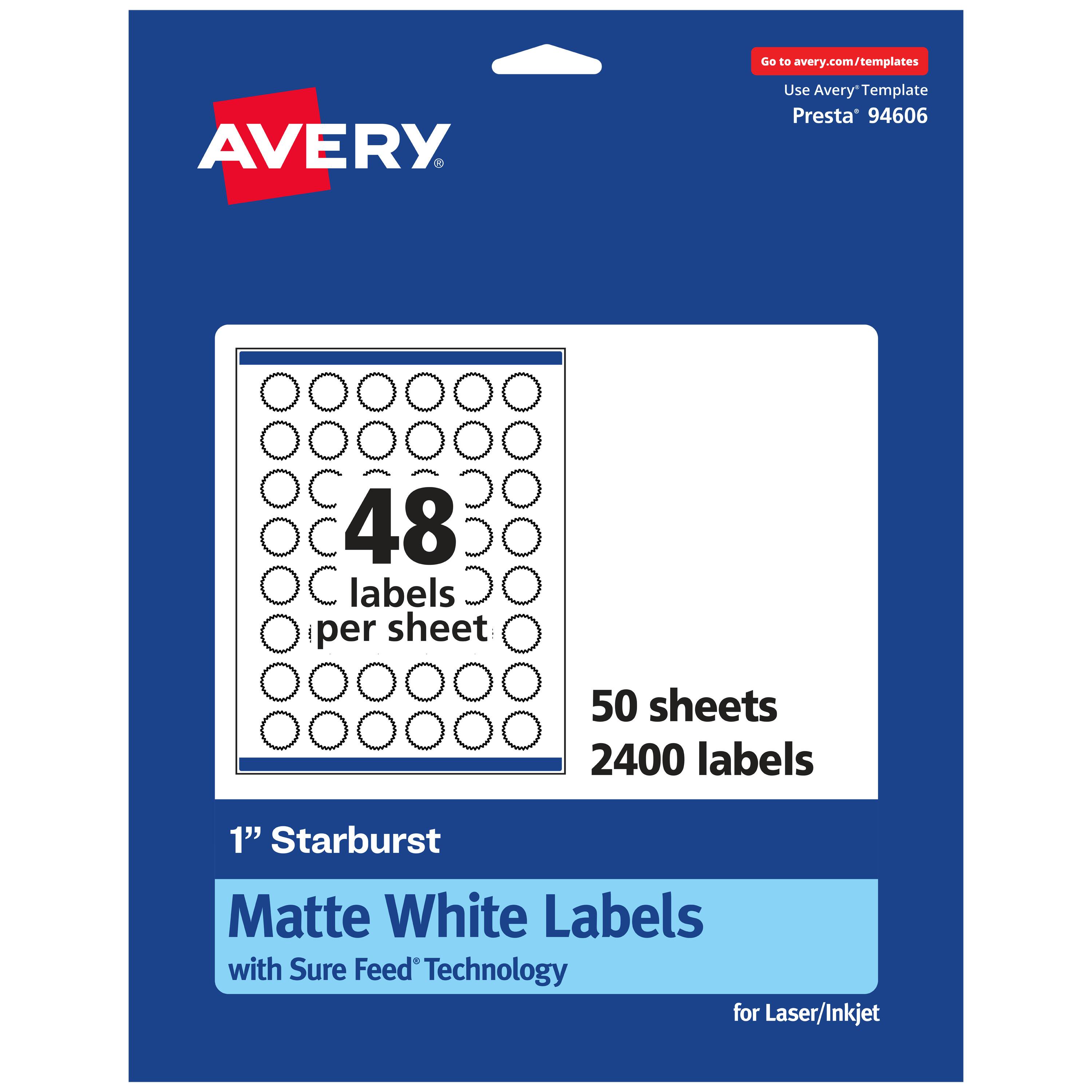 Go to avery.com/templates  
AVERY  
Use Avery™ Template Presta® 94606  

48 labels per sheet  
50 sheets  
2400 labels  

1" Starburst Matte White Labels with Sure Feed® Technology for Laser/Inkjet
