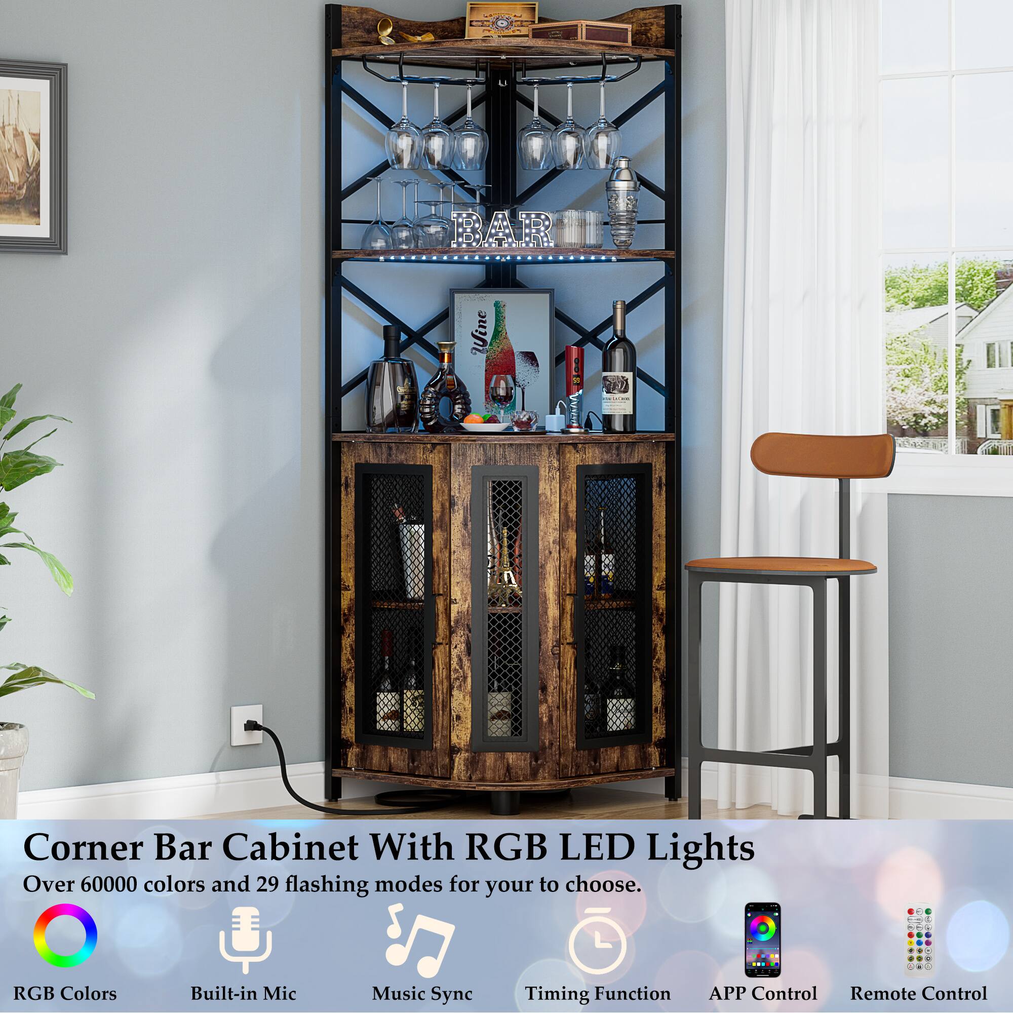 Corner Bar Cabinet With RGB LED Lights

Over 60000 colors and 29 flashing modes for you to choose.

- RGB Colors
- Built-in Mic
- Music Sync
- Timing Function
- APP Control
- Remote Control