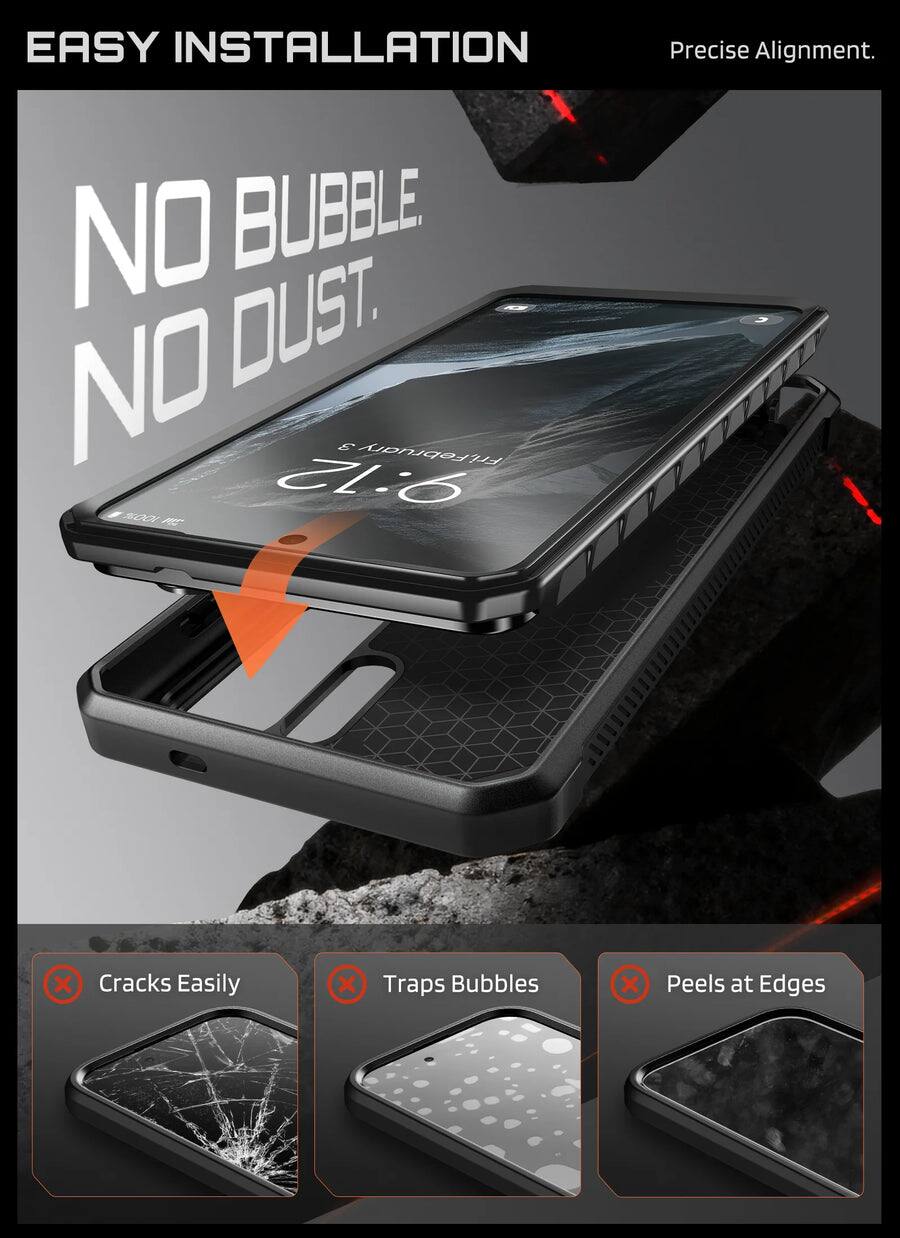 EASY INSTALLATION  
Precise Alignment.  
NO BUBBLE. NO DUST.  

Cracks Easily  
Traps Bubbles  
Peels at Edges