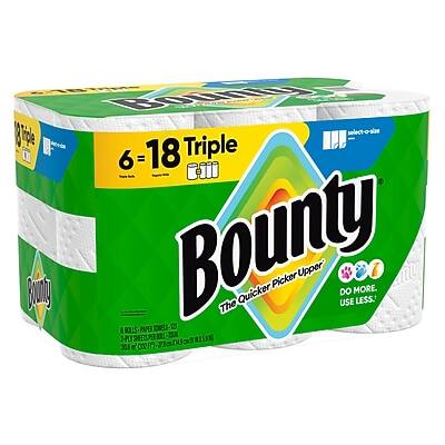 Bounty  
The Quicker Picker Upper  
DO MORE. USE LESS.  

6 = 18 Triple  
Select-a-Size  

Bounty M  
2 PLY  
30 SQ FT PER ROLL  
028