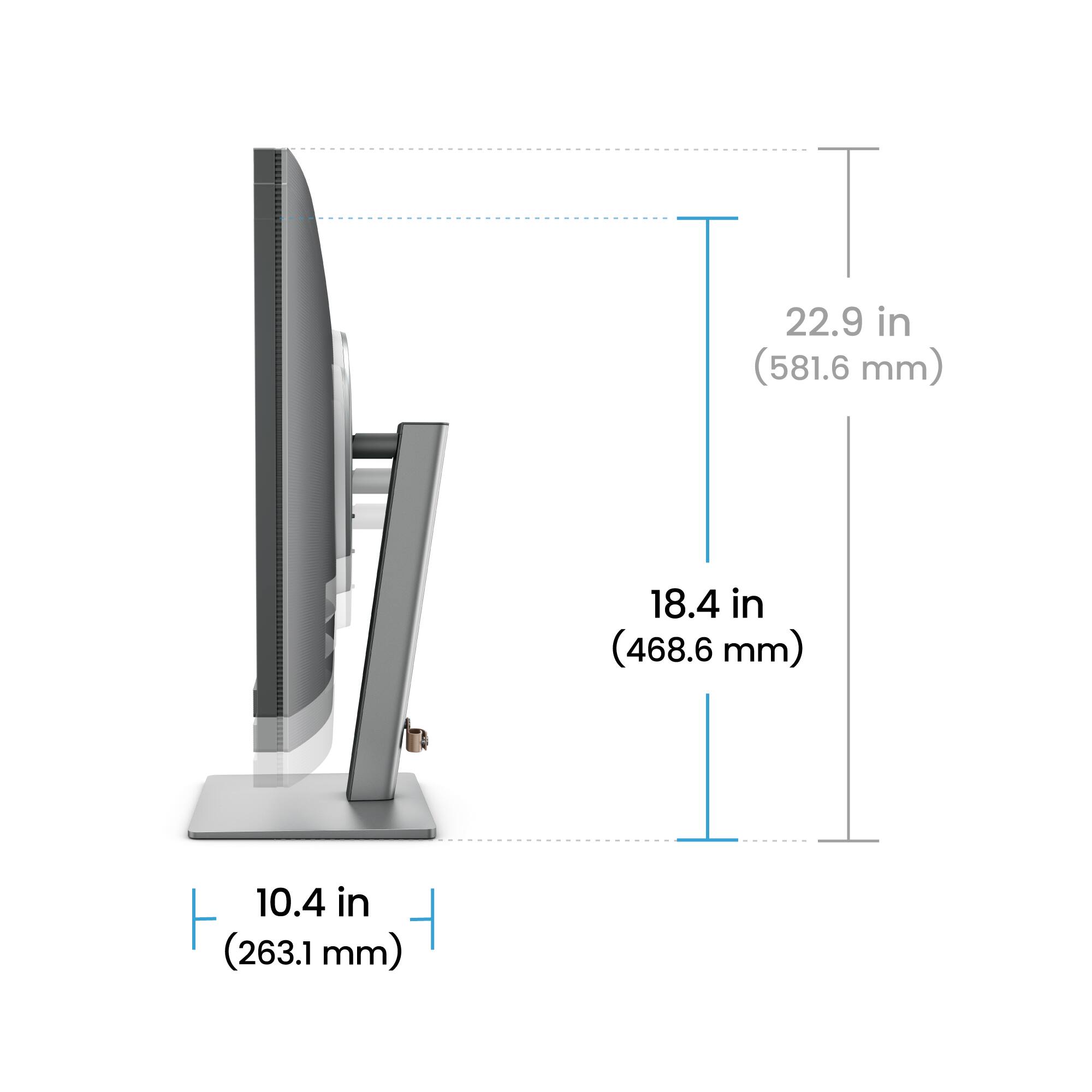The image shows a computer monitor with a height of 22.9 inches (581.6 mm). The monitor is also described as being 18.4 inches (468.6 mm) tall. Additionally, the monitor is measured at 10.4 inches (263.1 mm) in height.