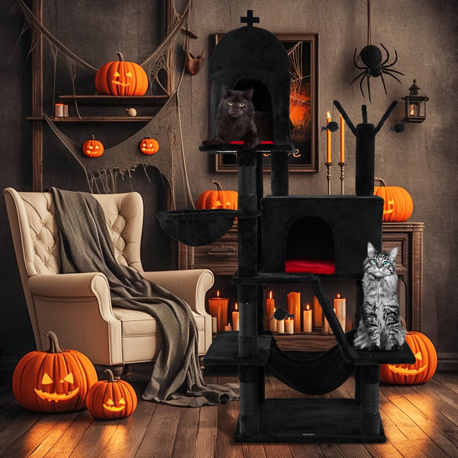 Alt View 1. Costway - Costway Gothic Cat Tree Spooky Halloween Cat Tower w/ Scratching Posts Pet House for Indoor Cats - Black,Red.