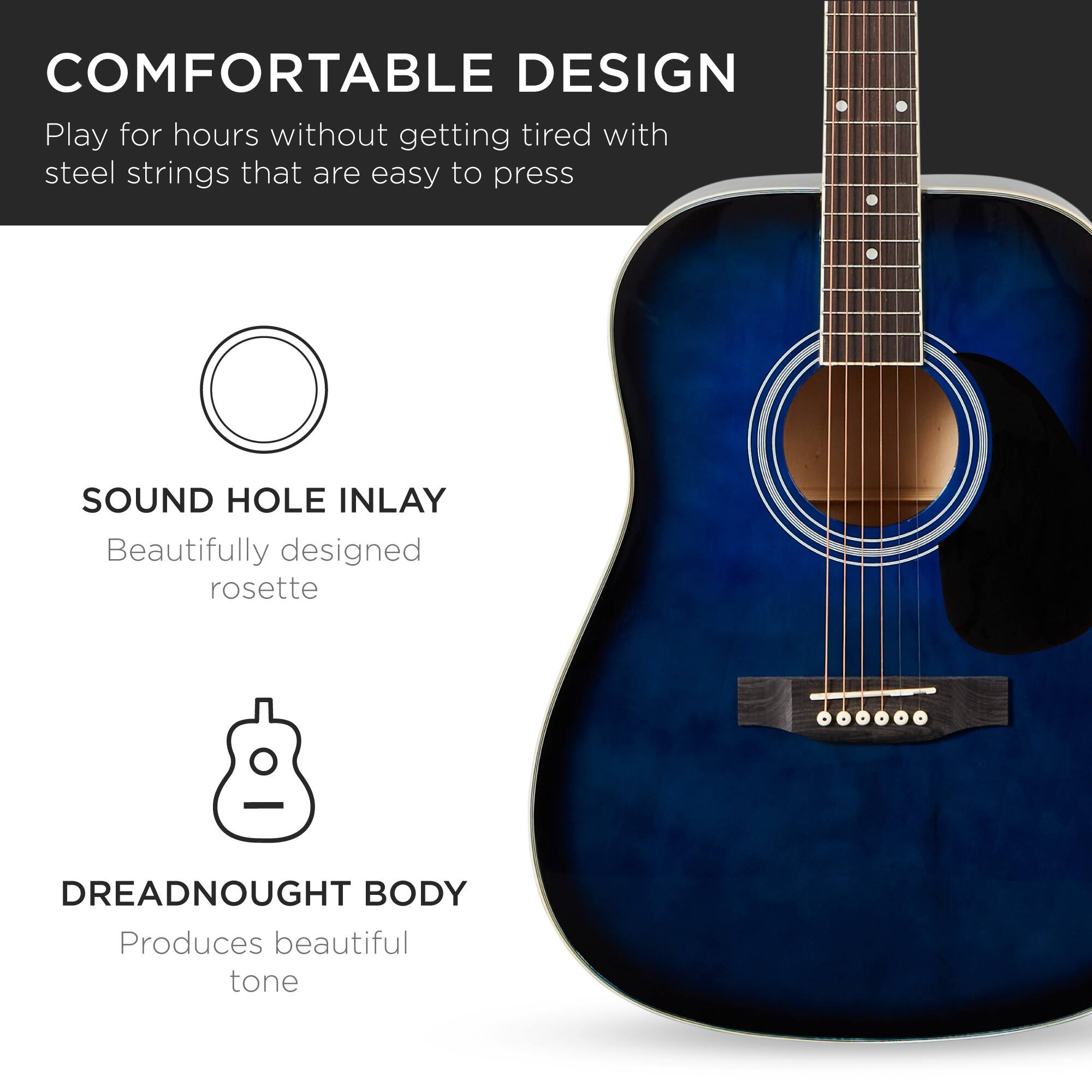 **COMFORTABLE DESIGN**  
Play for hours without getting tired with steel strings that are easy to press

**SOUND HOLE INLAY**  
Beautifully designed rosette

**DREADNOUGHT BODY**  
Produces beautiful tone