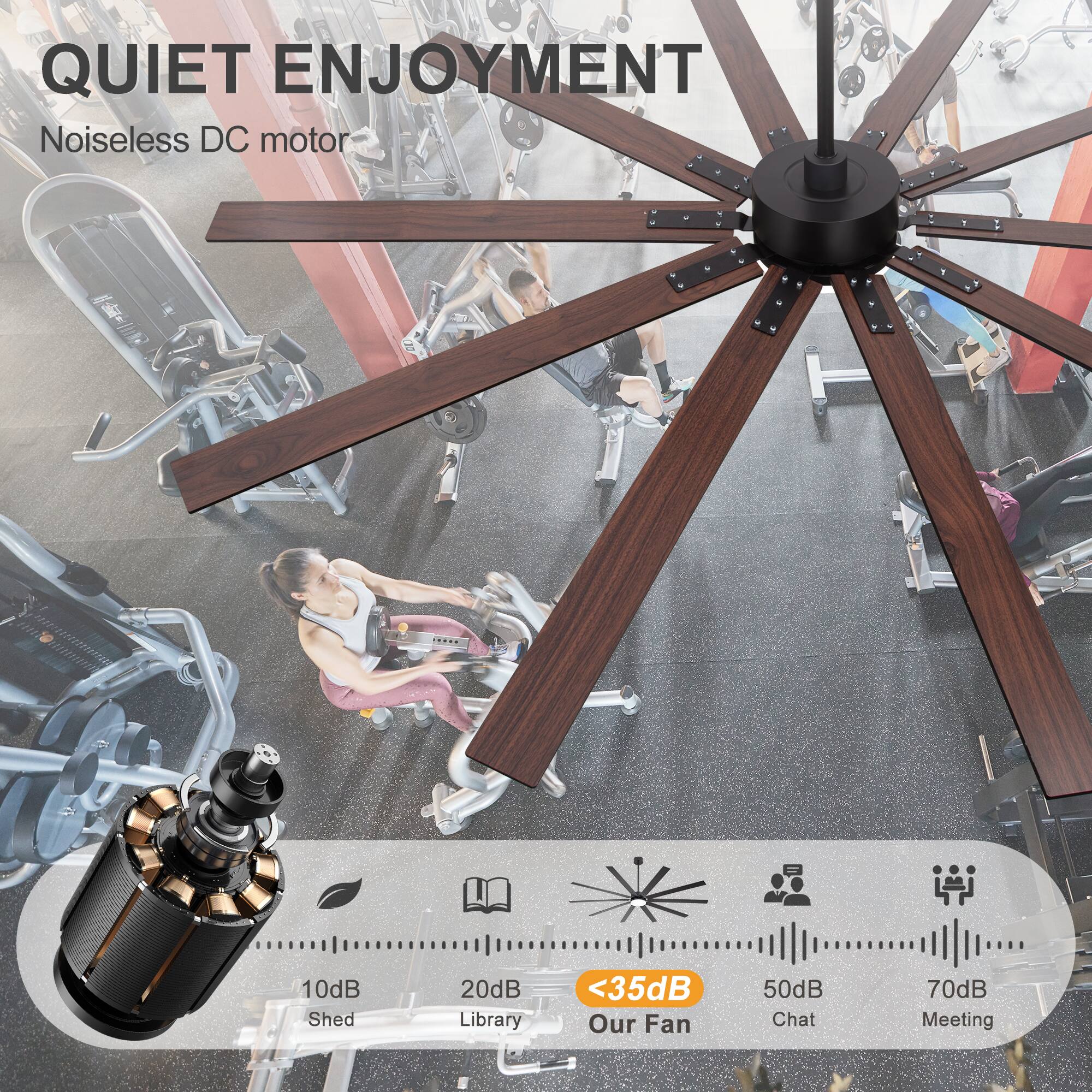 QUIET ENJOYMENT  
Noiseless DC motor  

10dB Shed  
20dB Library  
<35dB Our Fan  
50dB Chat  
70dB Meeting