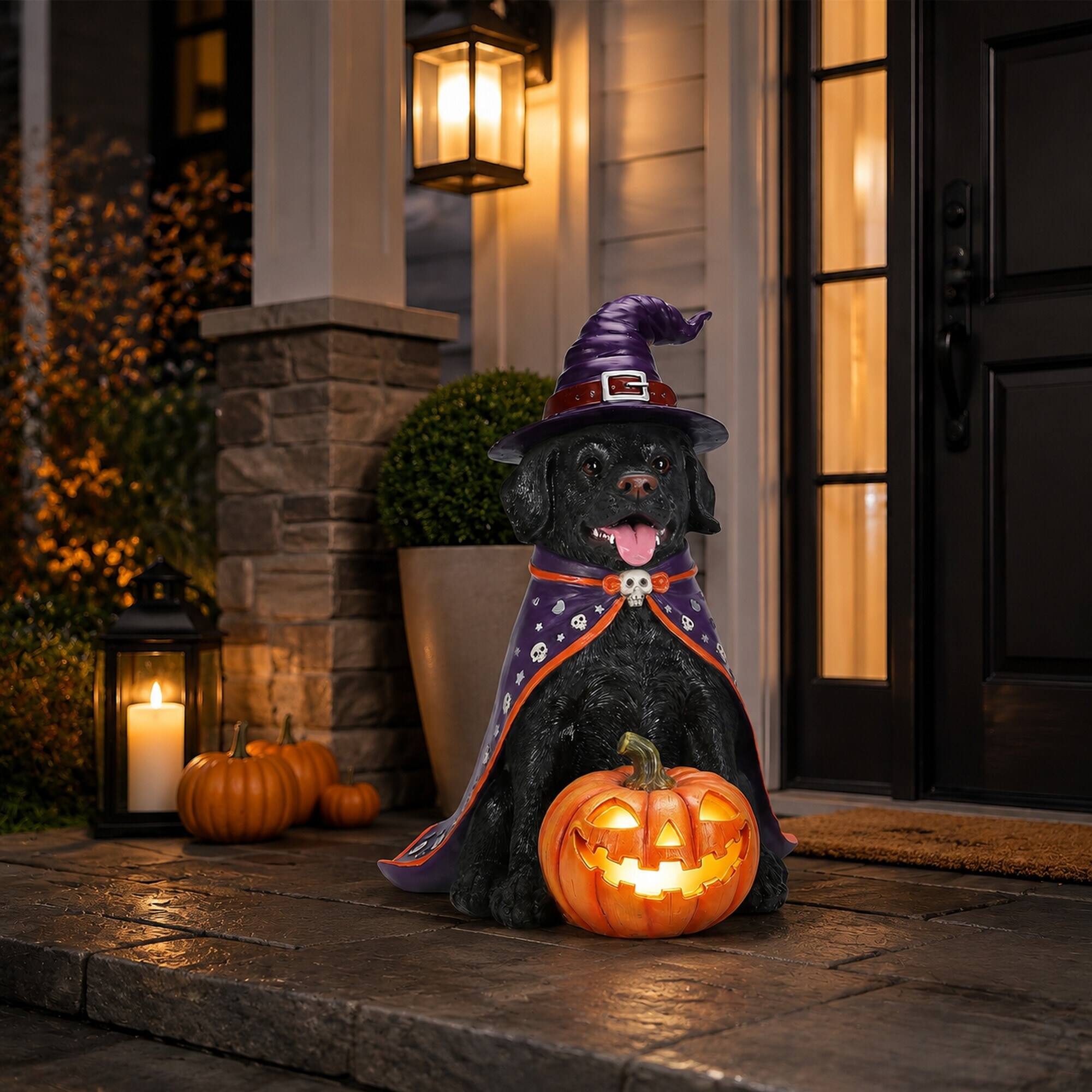 Left. RYHNUYNE - Halloween Black Lab Dog Statue with Witch Hat Cape and Glowing Jack-O-Lantern Pumpkin for Spooky Porch Decor - Black.
