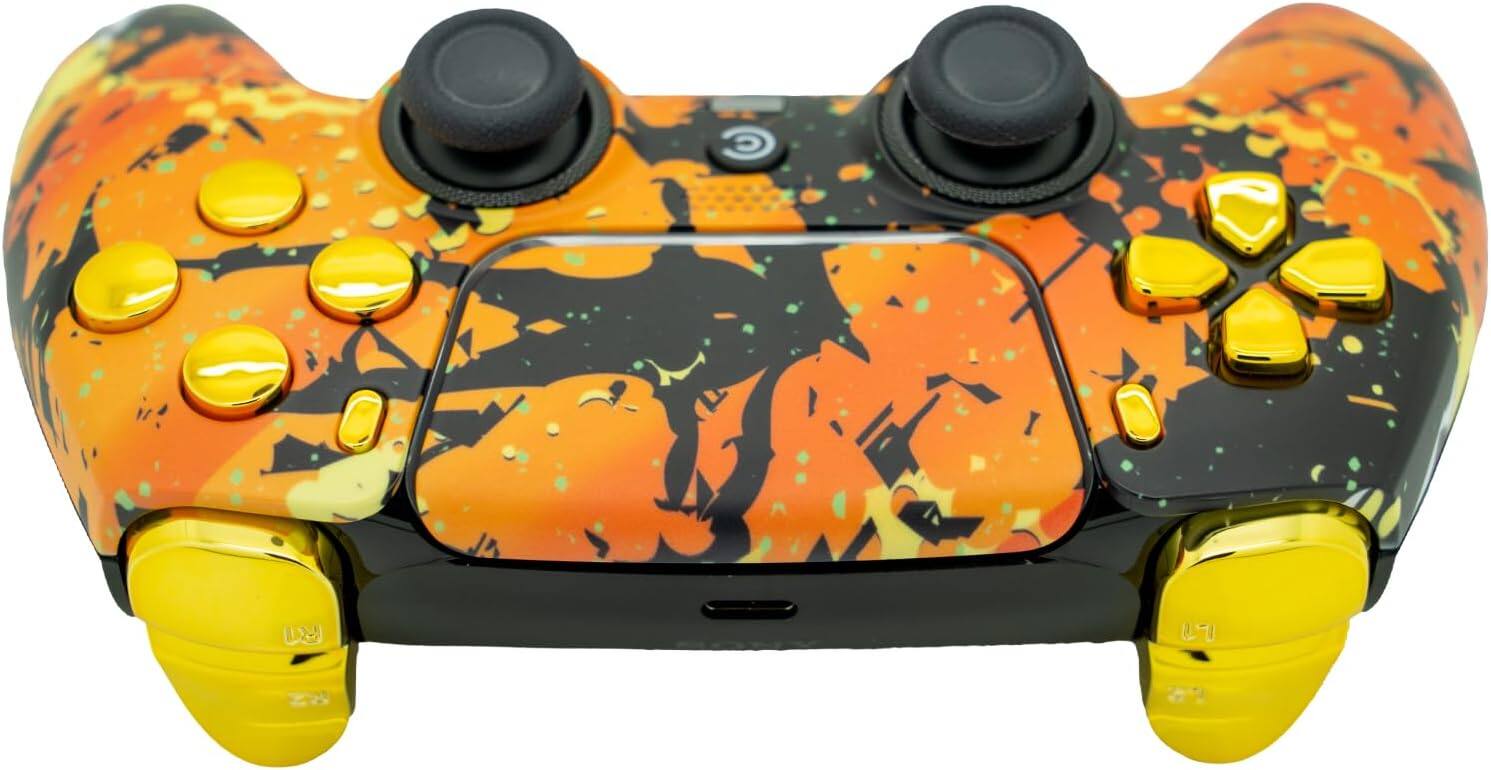Back. Custom Controllerzz - Custom Wireless Controller for PS5 - Molten Camo & Gold Chrome Inserts.
