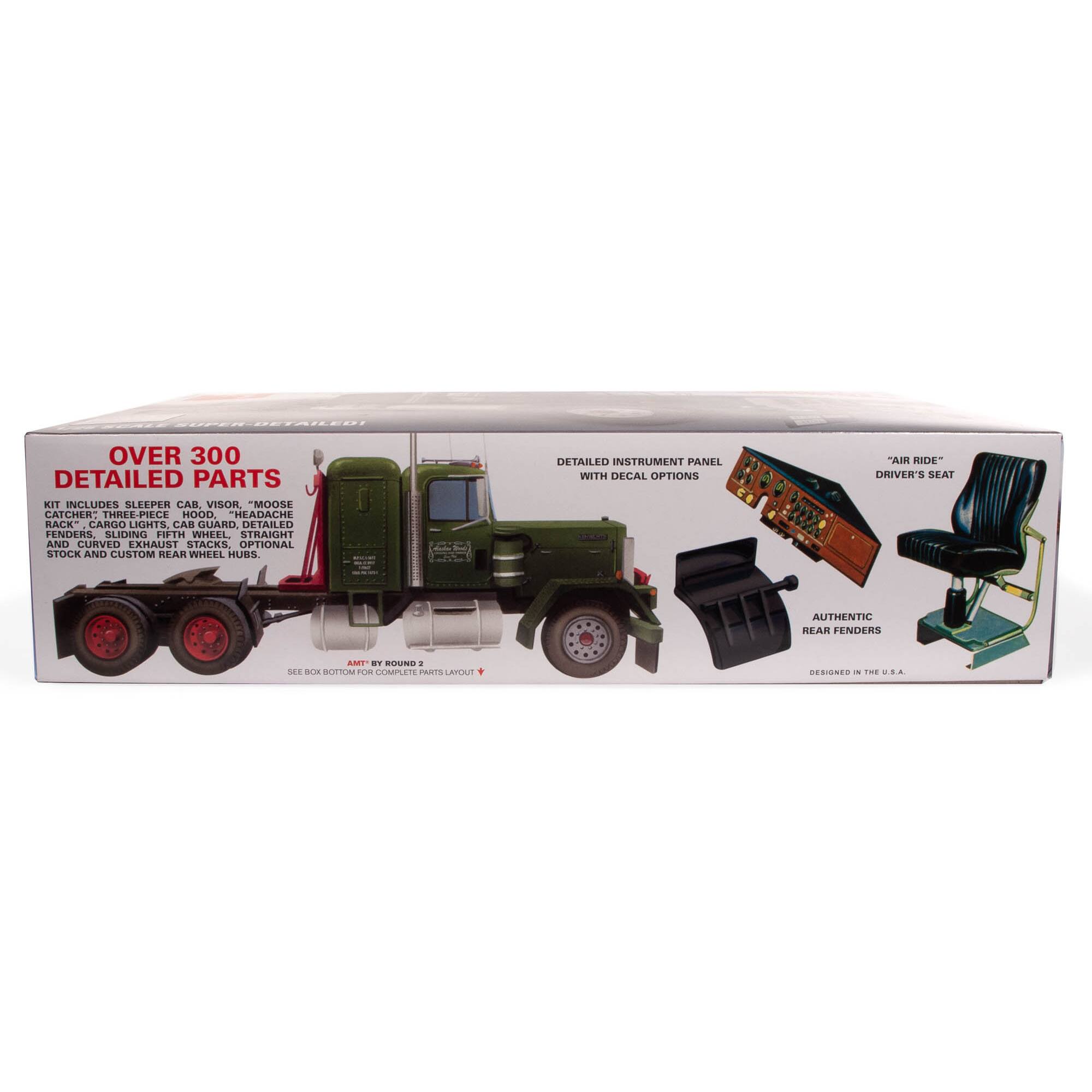 Over 300 detailed parts are included in this truck model kit. The kit features a sleeper car visor, moose catcher three-piece hood, headache rack, cargo lights, cab guard detachable fenders, and stock and custom rear wheel options. The kit also includes detailed instrument panel with decal options, air ride driver's seat, and authentic rear fenders. This truck model kit is designed for truck enthusiasts and collectors who want to build a realistic and detailed replica of a truck.