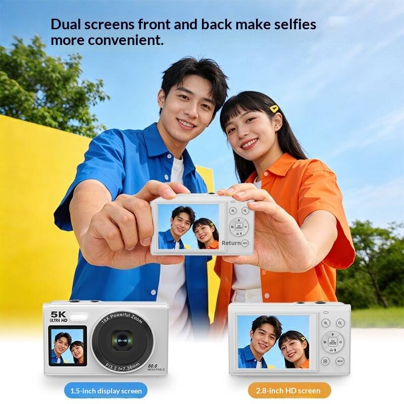 Dual screens front and back make selfies more convenient.

Return

5K ULTRA HD
Powerful 18X Zoom
F/3.2 36mm
80.0
2 f=7 MEGAPIXELS

1.5-inch display screen
2.8-inch HD screen