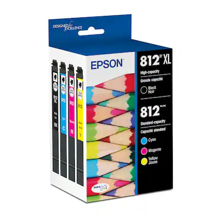 Designed for excellence, the Epson 812 XL high-capacity cartridges are available in black, cyan, magenta, and yellow. These cartridges are compatible with standard-capacity printers and offer a standard capacity of 812 pages. The packaging features a colorful pencil illustration, making it visually appealing and easy to identify.