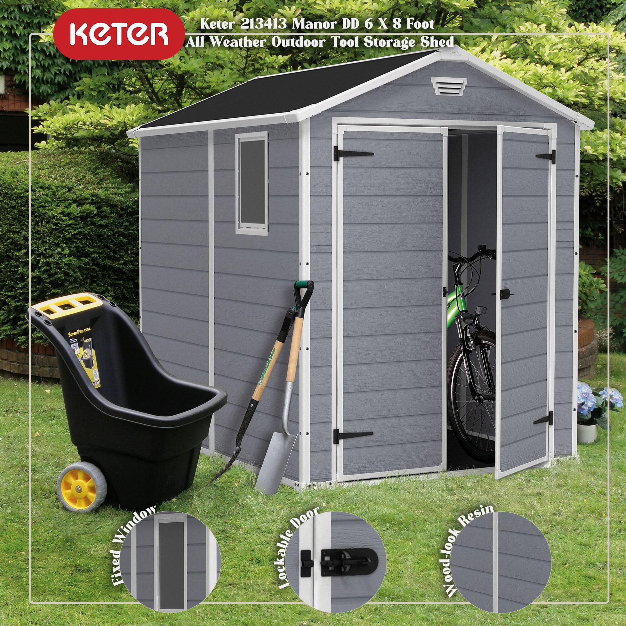 Keter 213413 Manor DD 6 X 8 Foot All Weather Outdoor Tool Storage Shed

- Fixed Window
- Lockable Door
- Wood-Look Resin