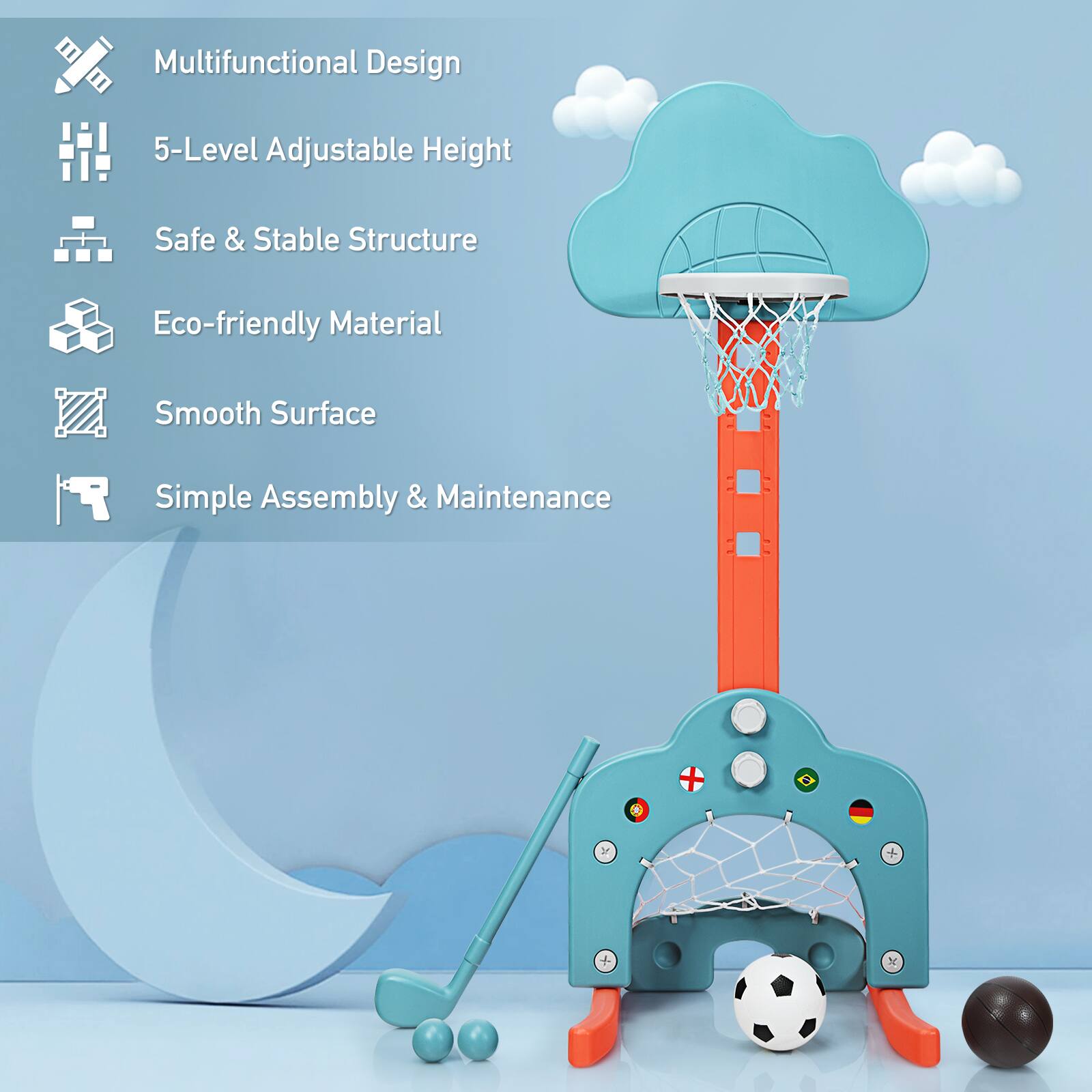 Multifunctional Design, 5-Level Adjustable Height, Safe & Stable Structure, Eco-friendly Material, Smooth Surface, Simple Assembly & Maintenance.