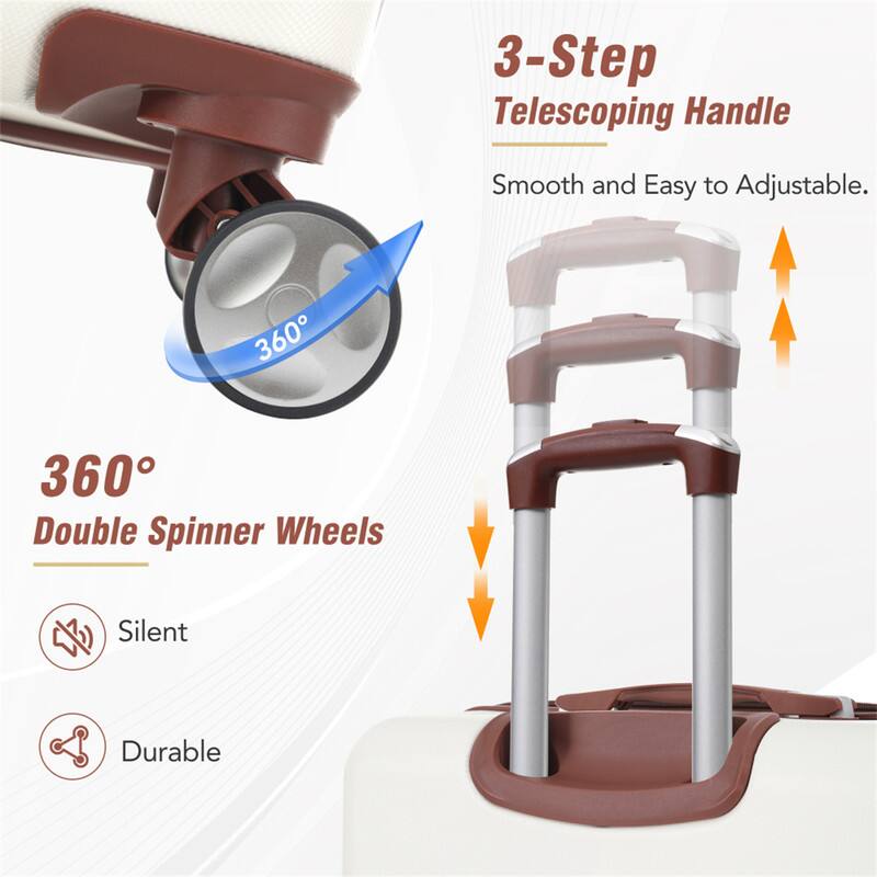 3-Step Telescoping Handle  
Smooth and Easy to Adjustable.  

360° Double Spinner Wheels  
Silent  
Durable