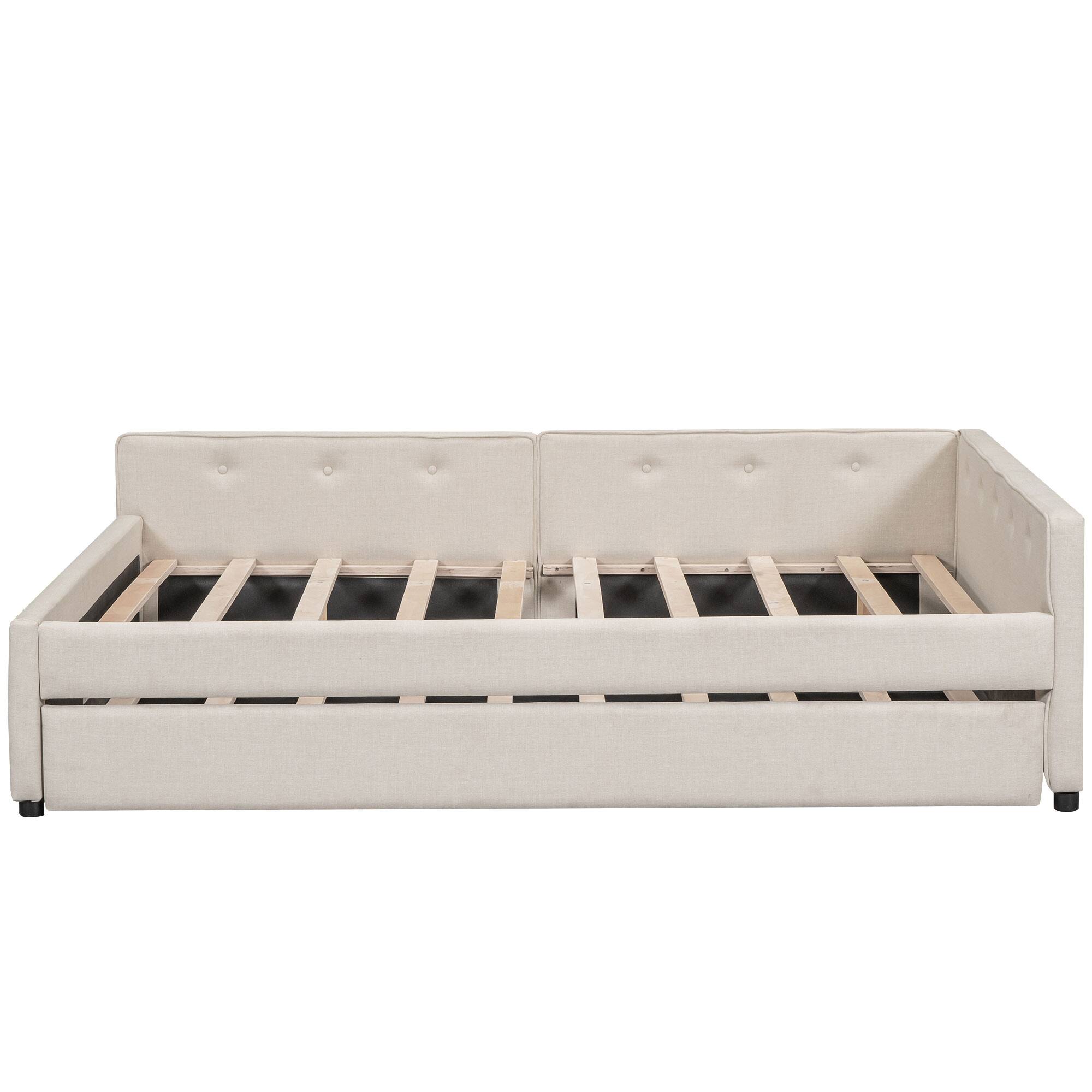 Alt View 2. LUCKY ONE - Full Size Upholstered Platform Bed with USB and Twin Size Trundle - Beige.
