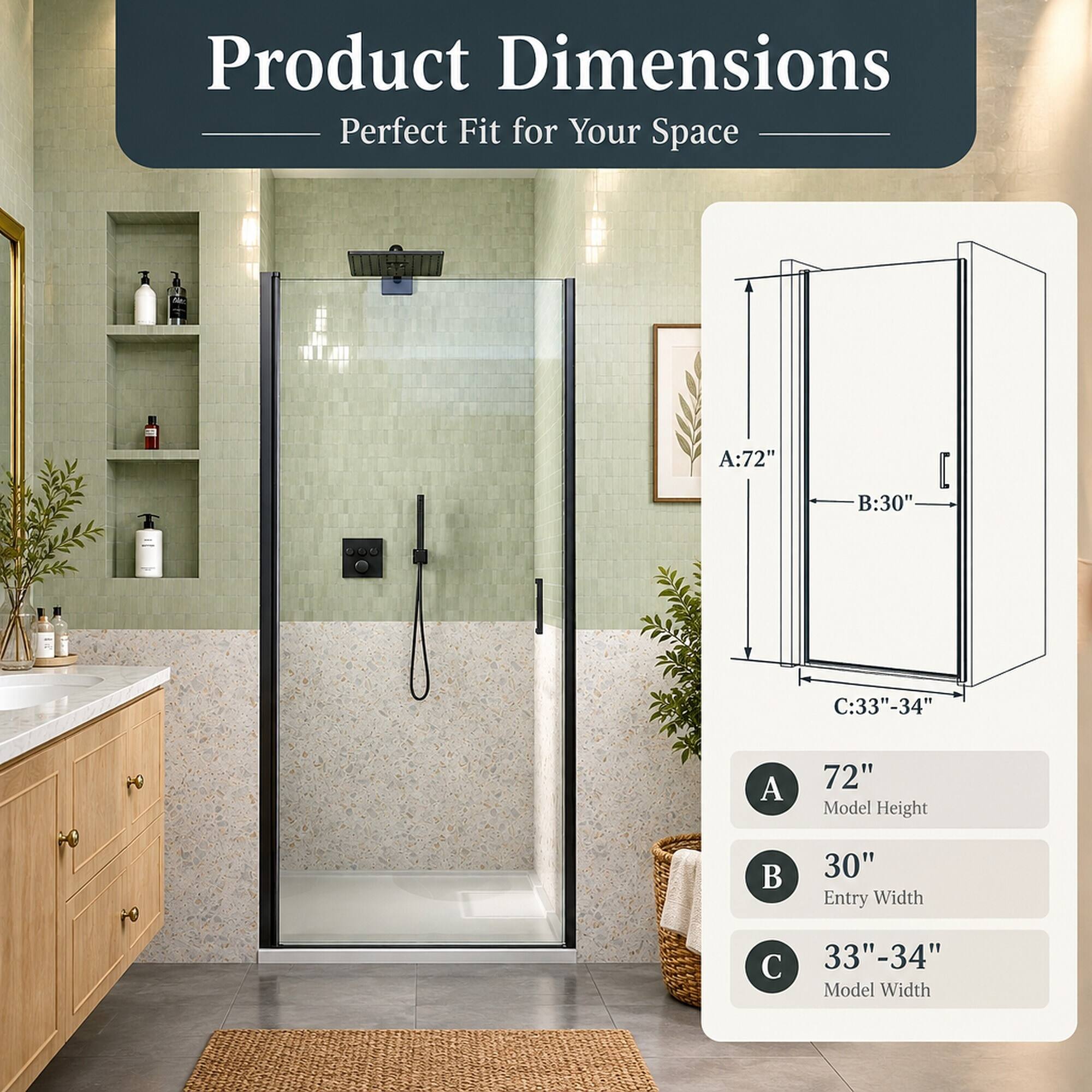 Product Dimensions  
Perfect Fit for Your Space

A: 72"  
B: 30"  
C: 33"-34"  

A  
72" Model Height  

B  
30" Entry Width  

C  
33"-34" Model Width