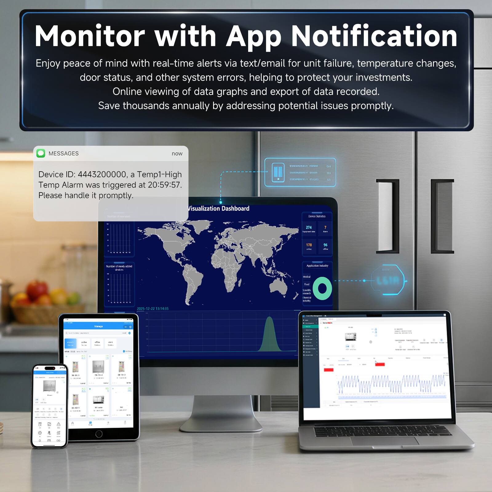 Monitor with App Notification

Enjoy peace of mind with real-time alerts via text/email for unit failure, temperature changes, door status, and other system errors, helping to protect your investments. Online viewing of data graphs and export of data recorded. Save thousands annually by addressing potential issues promptly.

MESSAGES now

Device ID: 4443200000, a Temp1-High Temp Alarm was triggered at 20:59:57. Please handle it promptly.

Visualization Dashboard