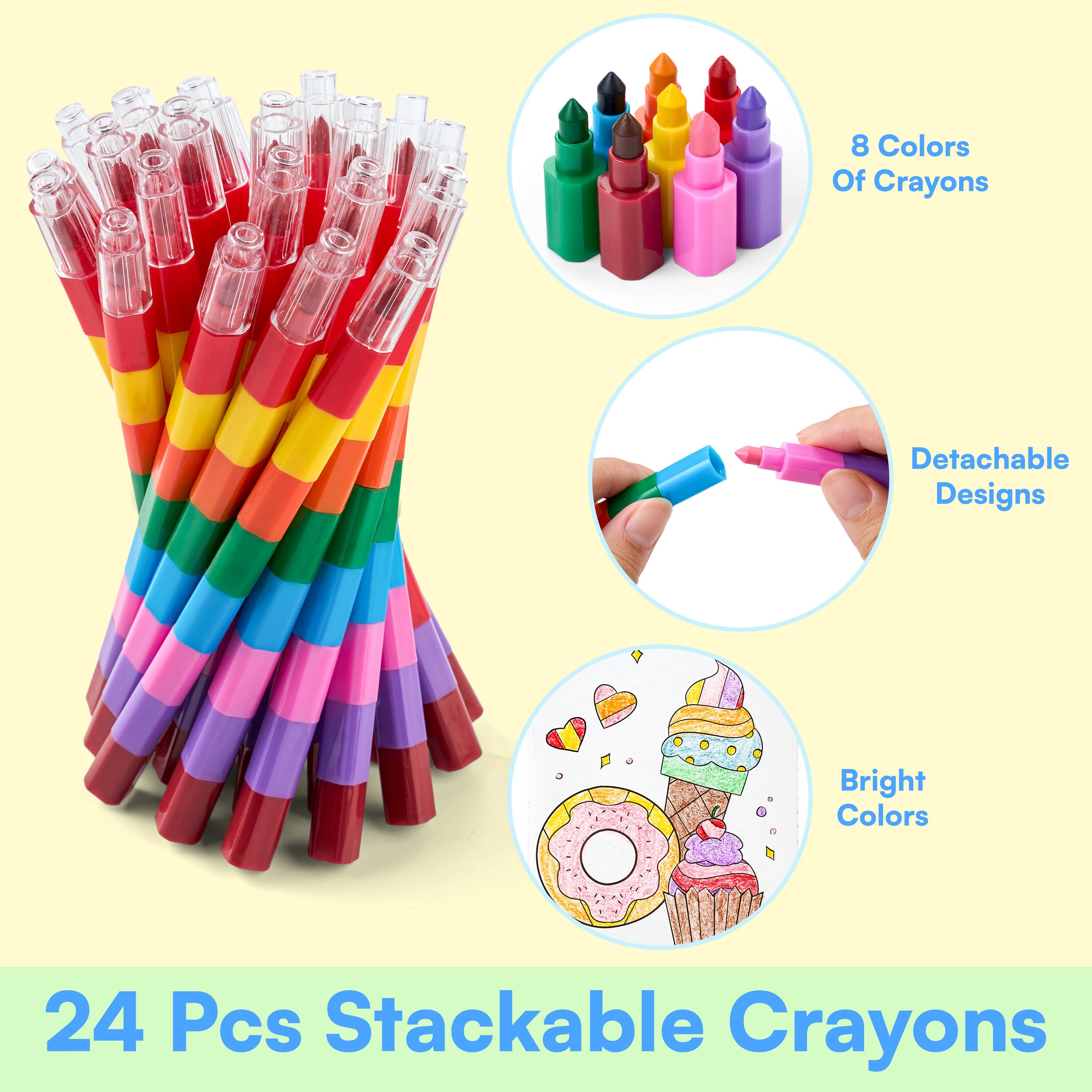 8 Colors Of Crayons  
Detachable Designs  
Bright Colors  
24 Pcs Stackable Crayons