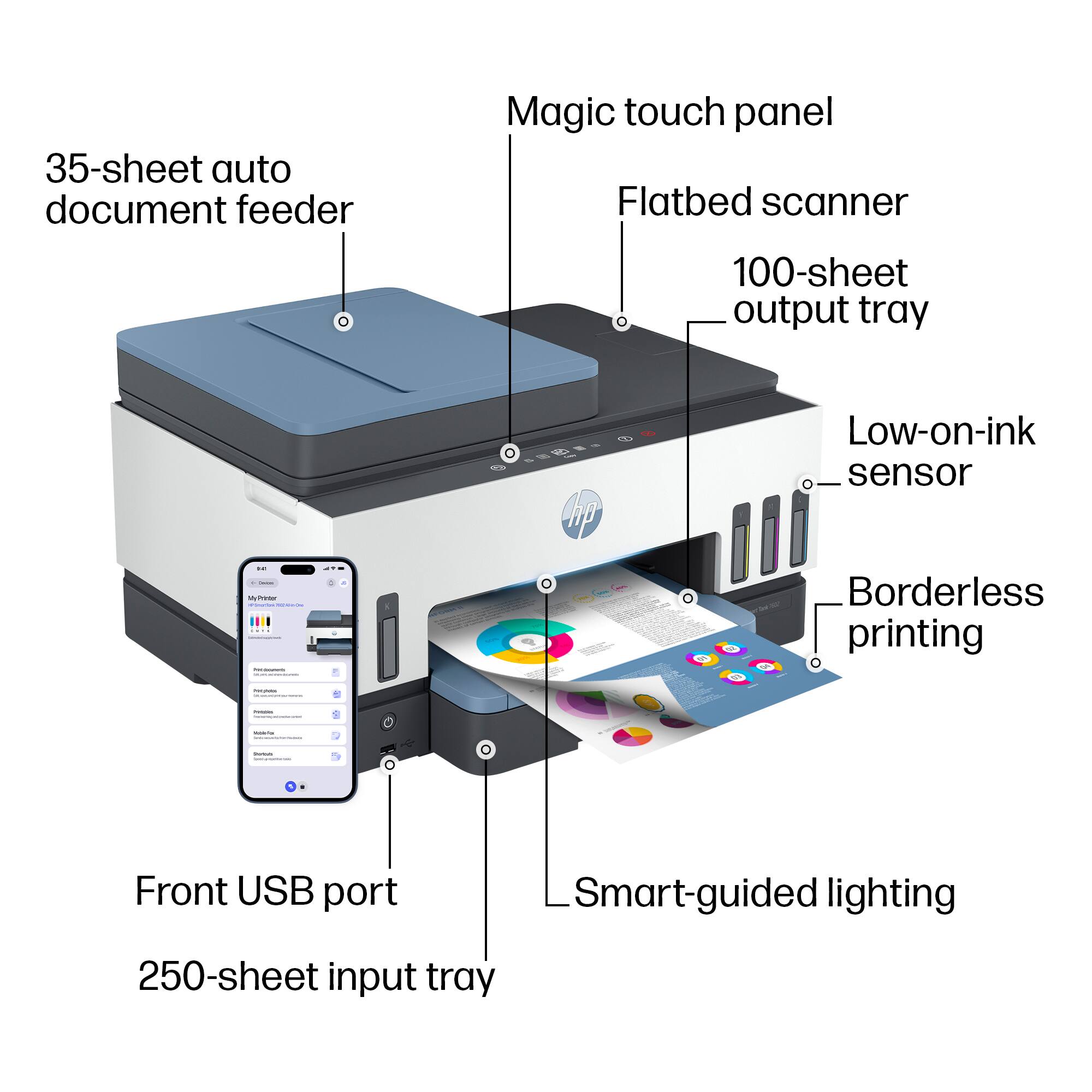 - 35-sheet auto document feeder
- Magic touch panel
- Flatbed scanner
- 100-sheet output tray
- Low-on-ink sensor
- Borderless printing
- Front USB port
- Smart-guided lighting
- 250-sheet input tray
