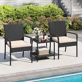 Gymax - 3 Piece Patio Furniture Set Outdoor Wicker Chair & Table Set w/ Seat Cushions - Beige