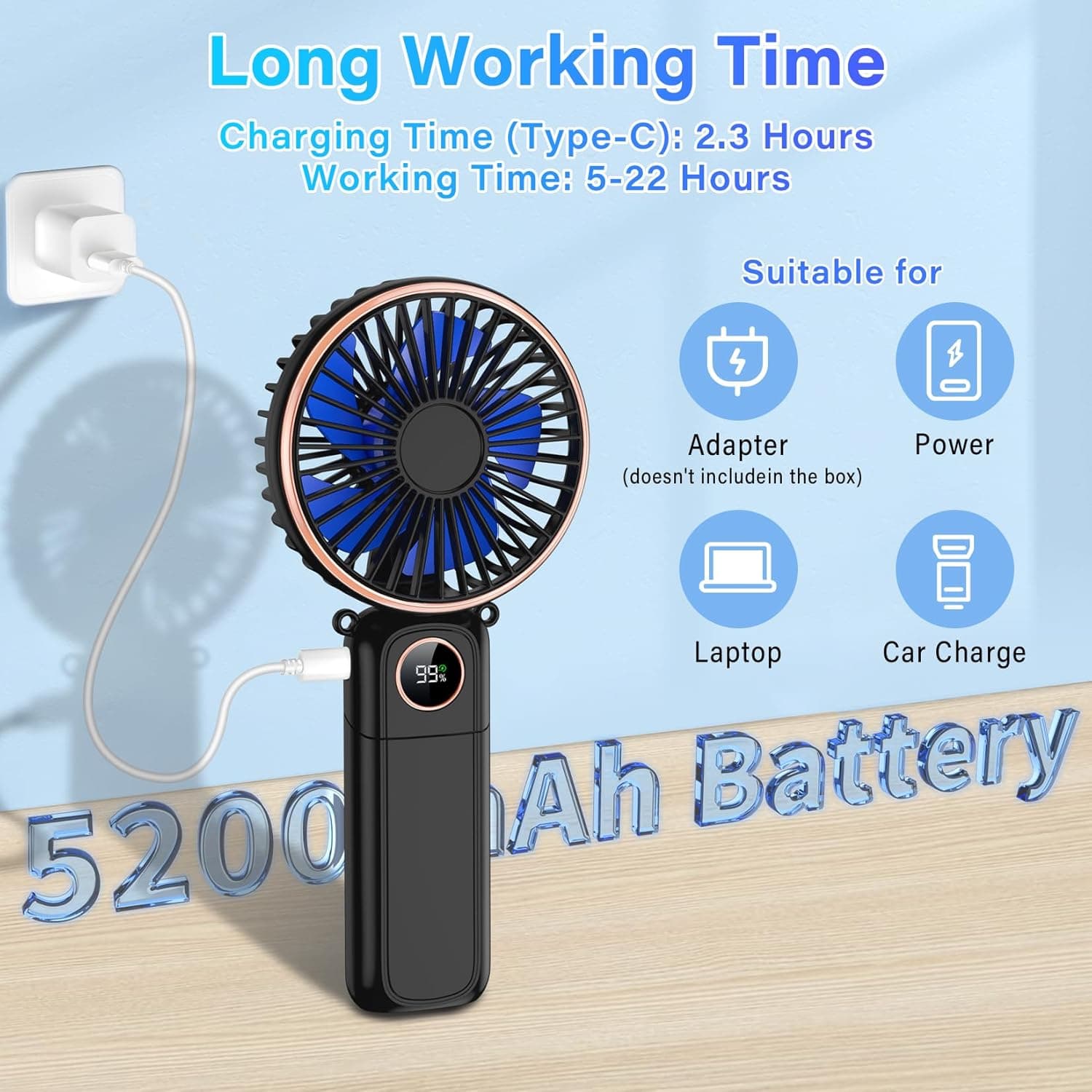 Long Working Time  
Charging Time (Type-C): 2.3 Hours  
Working Time: 5-22 Hours  

Suitable for  
Adapter (doesn't include in the box)  
Power  
Laptop  
Car Charge  

5200 mAh Battery