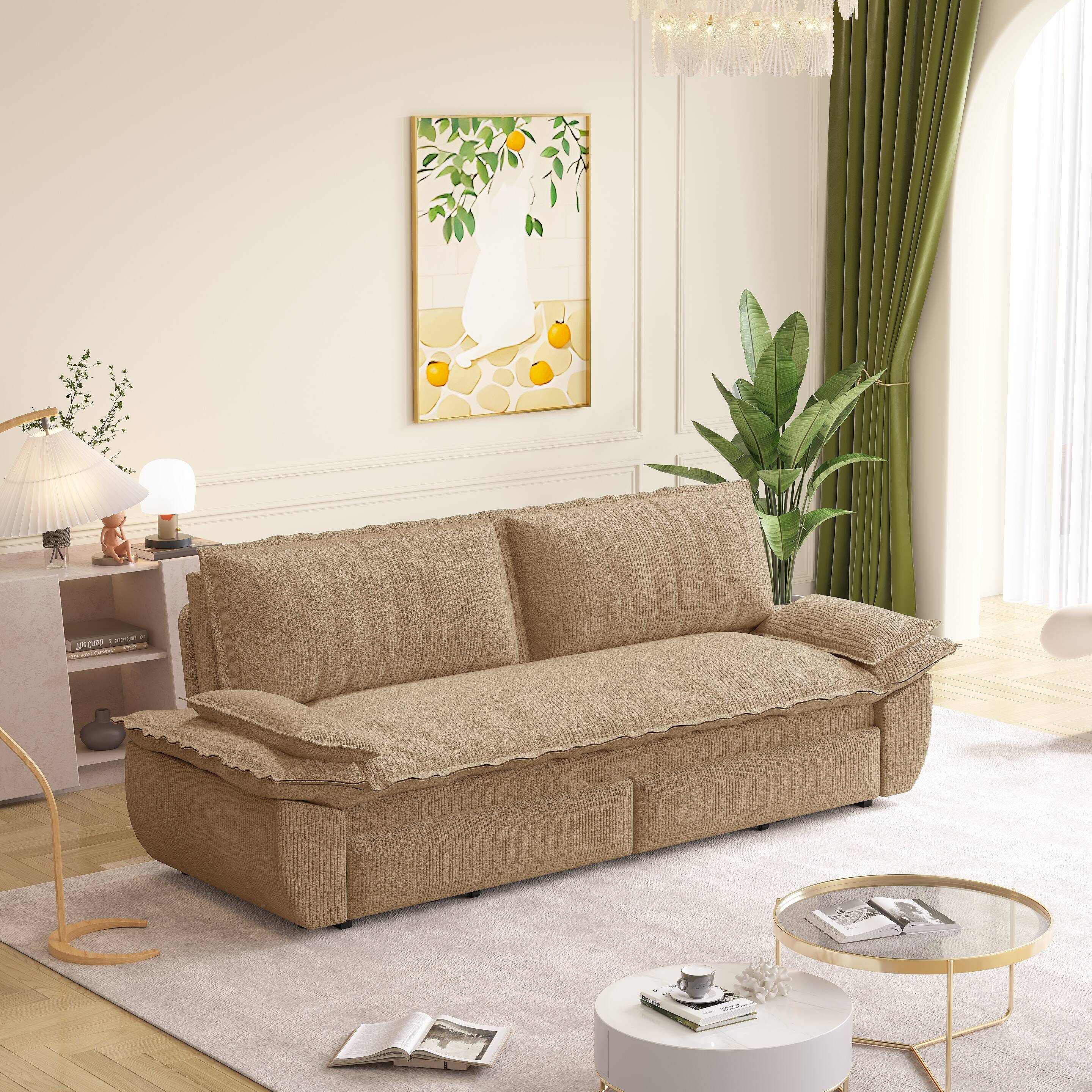 Left. Anysun - 73.2" 3-in-1 Corduroy Convertible Sleeper Sofa Bed - Queen Pull-Out Loveseat - Camel.