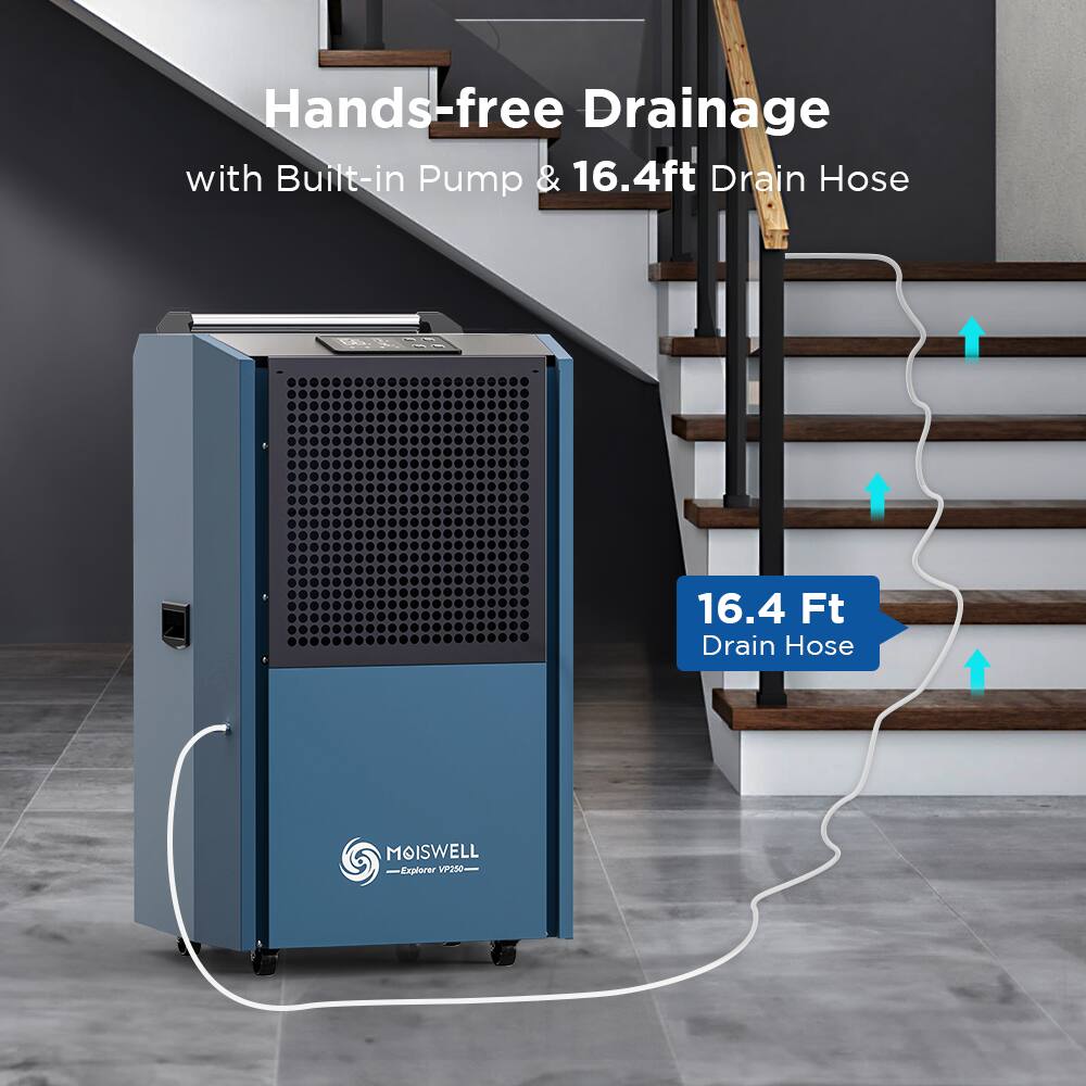Hands-free Drainage with Built-in Pump & 16.4ft Drain Hose  
16.4 Ft Drain Hose  
MOISWELL Explorer VP250