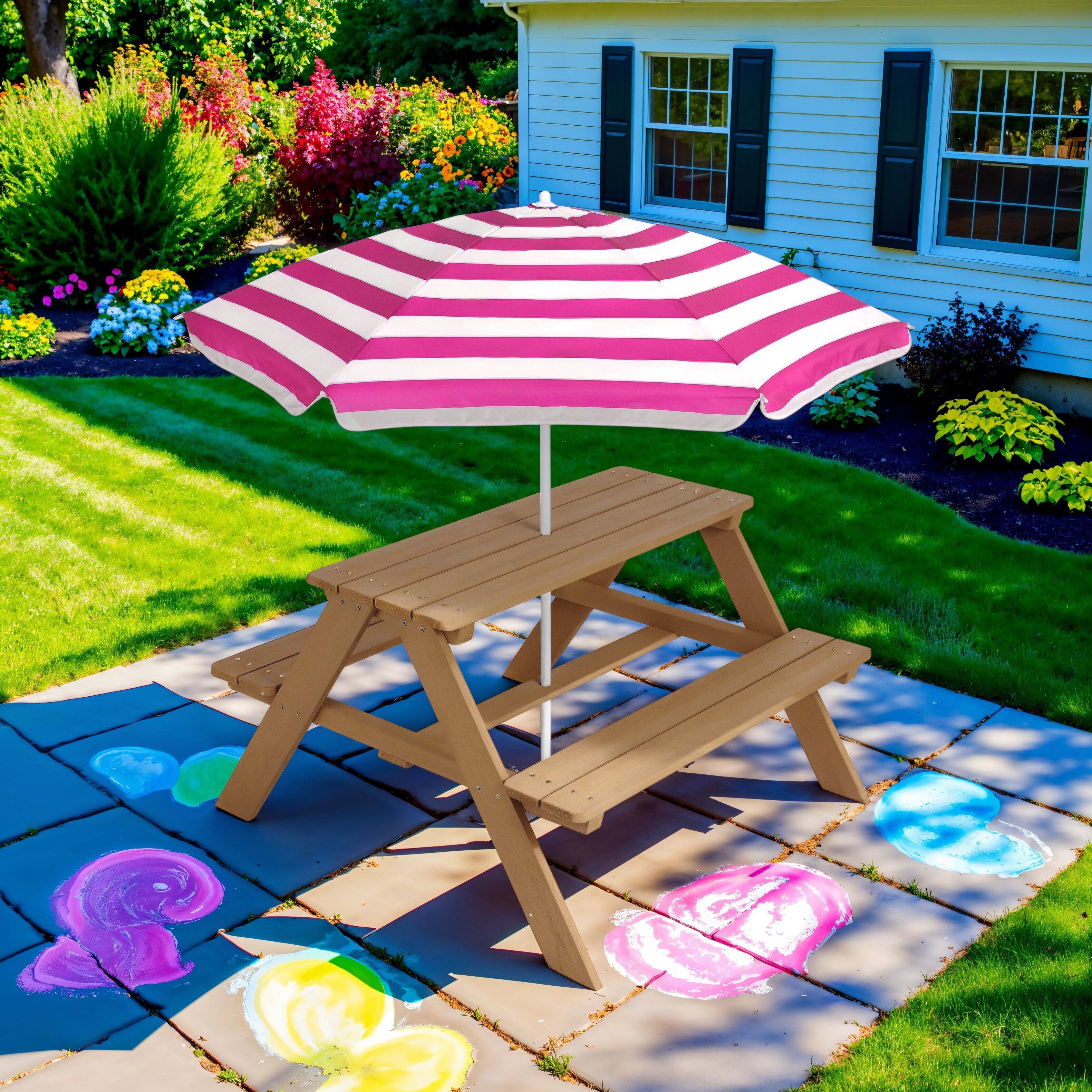 Alt View 7. Best Choice Products - Best Choice Products Kids Wooden Picnic Table, Outdoor Activity Table w/ Adjustable Umbrella, Seats - Natural/Dark Pink - Natural/Dark Pink.