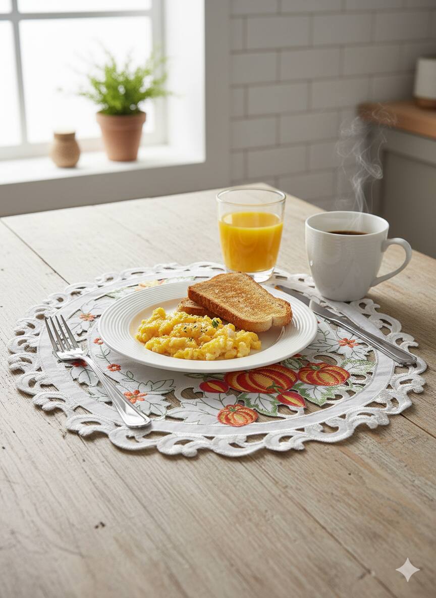 Angle. Jiallo - Pumpkin Embroidered Cutwork Round Placemat, 15-Inch diameter Table Linen - Beige.