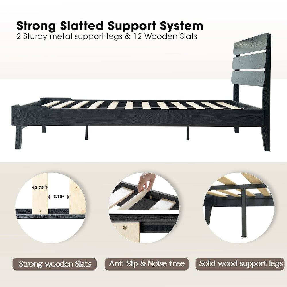 Strong Slatted Support System  
2 Sturdy metal support legs & 12 Wooden Slats  
2.75" 3.75"  
Strong wooden Slats  
Anti-Slip & Noise free  
Solid wood support legs