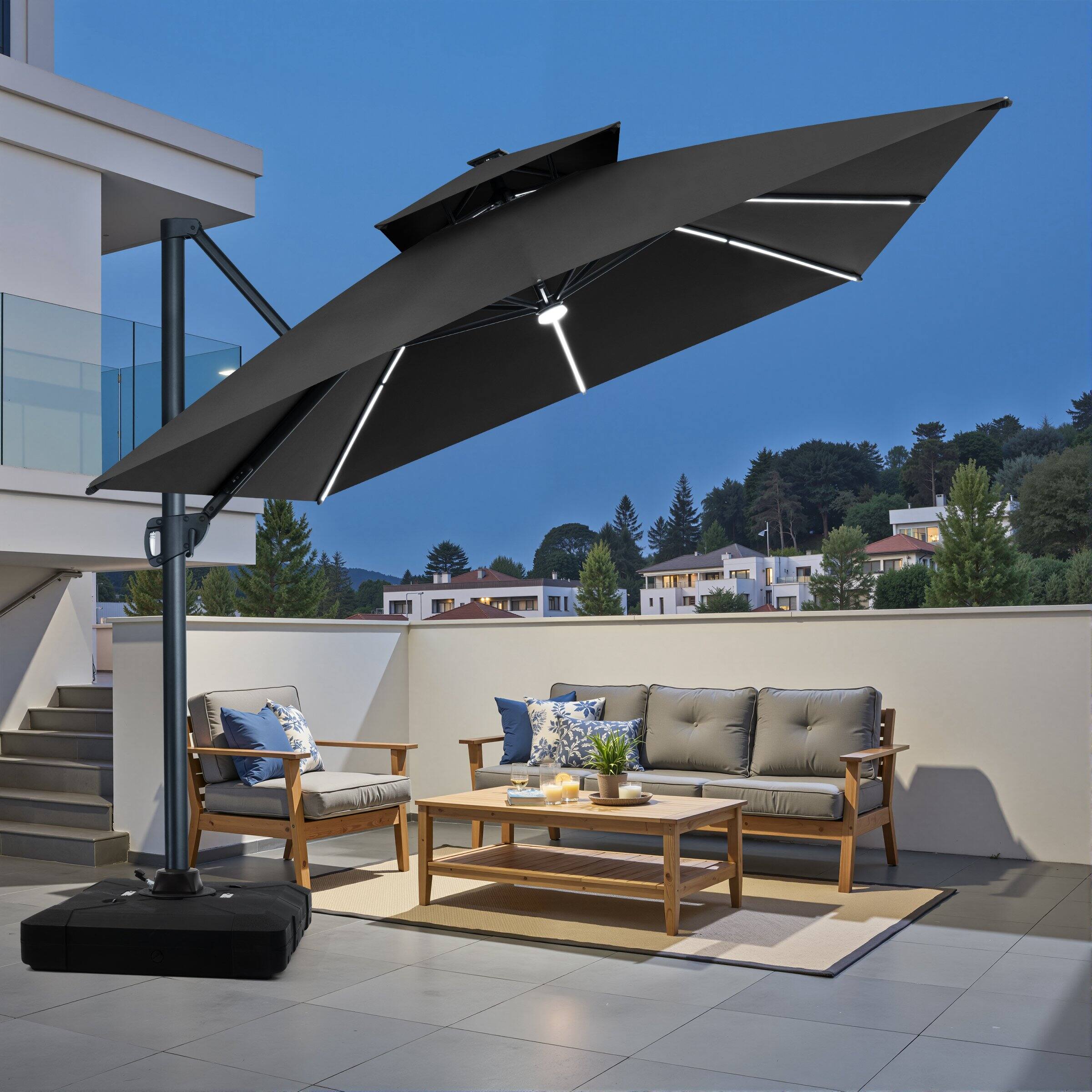 Angle. Crestlive Products - Crestlive Products 13' Patio Offset Cantilever Umbrella 2-Tier Top With Solar-Lighted Strips 350lbs Wheel Base - black.
