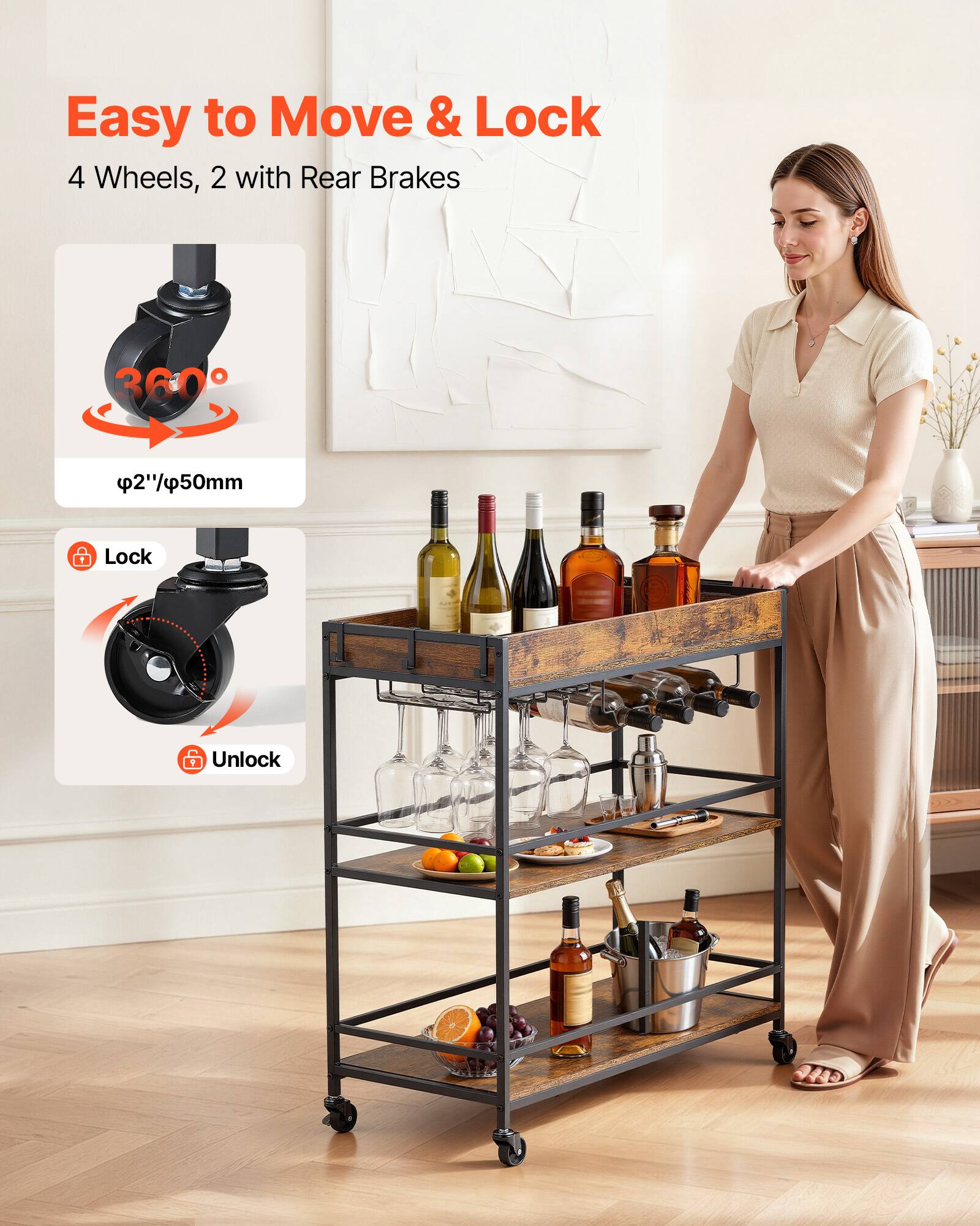 Easy to Move & Lock  
4 Wheels, 2 with Rear Brakes  
360°  
2"/50mm  
Lock + Unlock