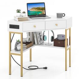 Costway - Corner Desk with Built-in Charging Station Storage Drawers & Open Shelves Office - White