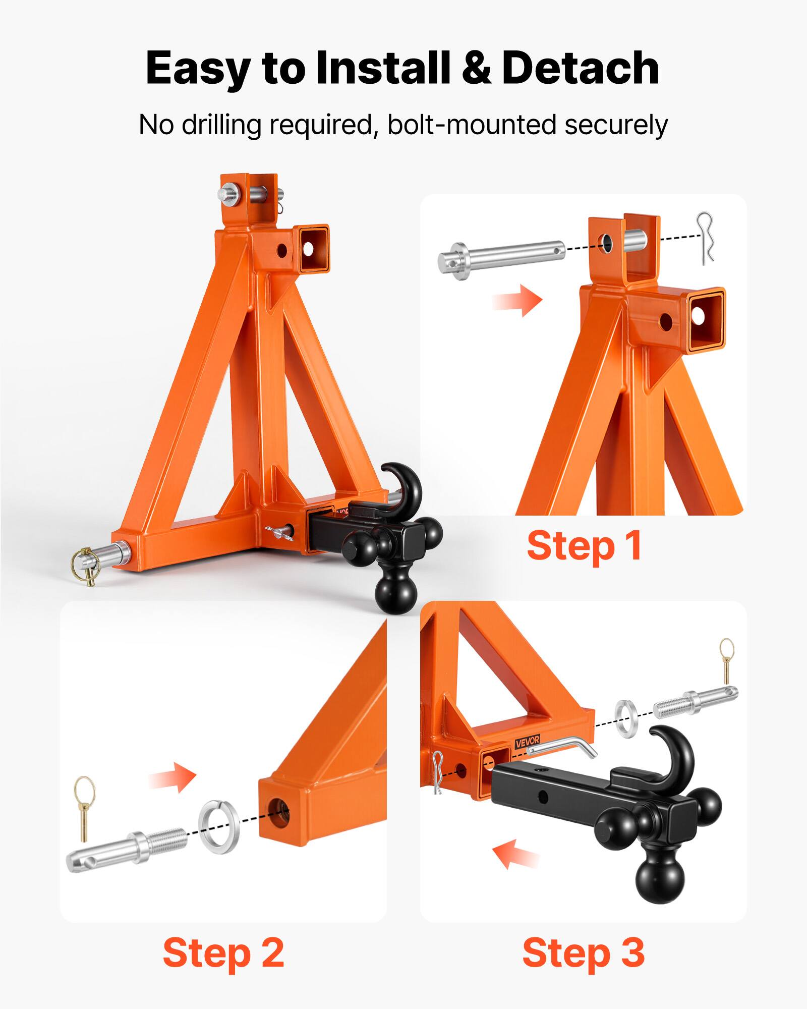 Easy to Install & Detach  
No drilling required, bolt-mounted securely  

Step 1  
Step 2  
Step 3