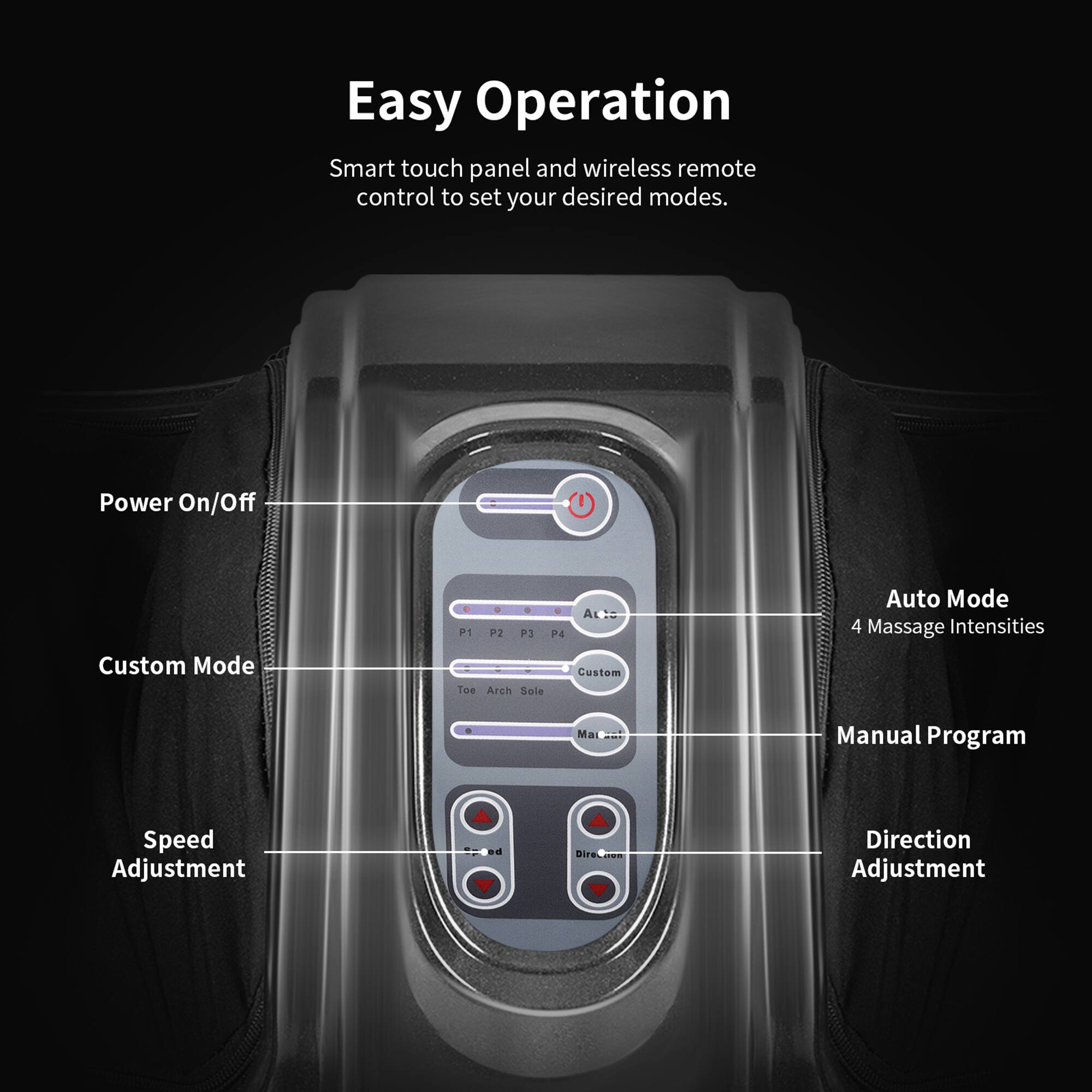 Easy Operation

Smart touch panel and wireless remote control to set your desired modes.

- Power On/Off
- Custom Mode
- Auto Mode (4 Massage Intensities)
- Manual Program
- Speed Adjustment
- Direction Adjustment

P1 P2 P3 P4 Custom Toe Arch Sole