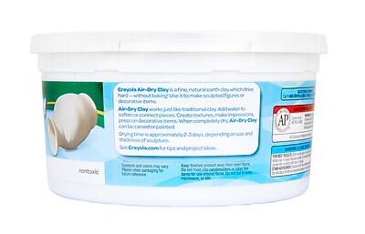 Crayola Air-Dry Clay is a fine, natural earth clay which hardens without baking. Use it to make sculpted figures or decorative items.

Air-Dry Clay works just like traditional clay. Add water to soften or connect pieces. Create textures, make impressions, press on items. When completely dry, Air-Dry Clay can be carved or painted.

Drying time is approximately 2-3 days, depending on size and thickness of sculpture.

See Crayola.com for tips and project ideas.

Contents and colors may vary. Please retain packaging for future reference.

Keep finished product away from heat. Do not put in microwave, oven, or kiln.

AP non-toxic

Made in the USA