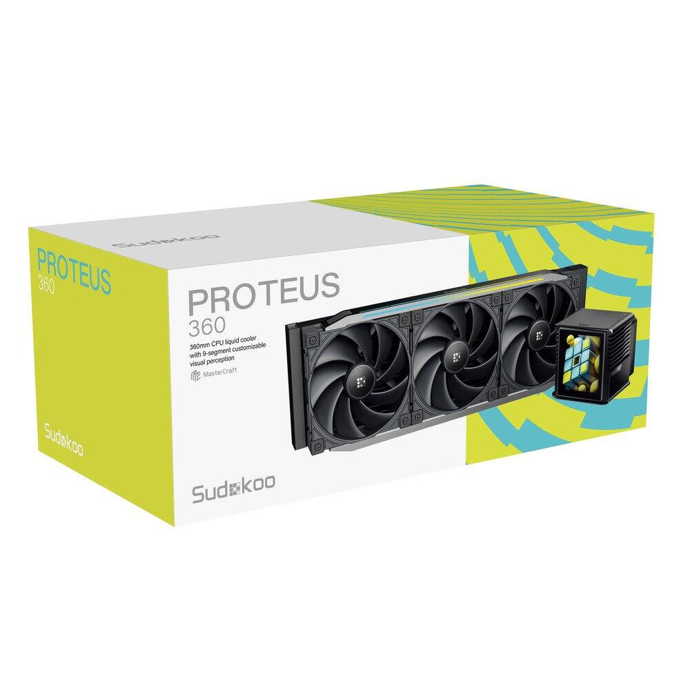 Sure, here is the corrected and grouped text:

- **PROTEUS 360**
- **360mm CPU liquid cooler**
- **3-segment customizable with 3-segment visual perception**
- **MasterCraft**
- **Sudkoo**