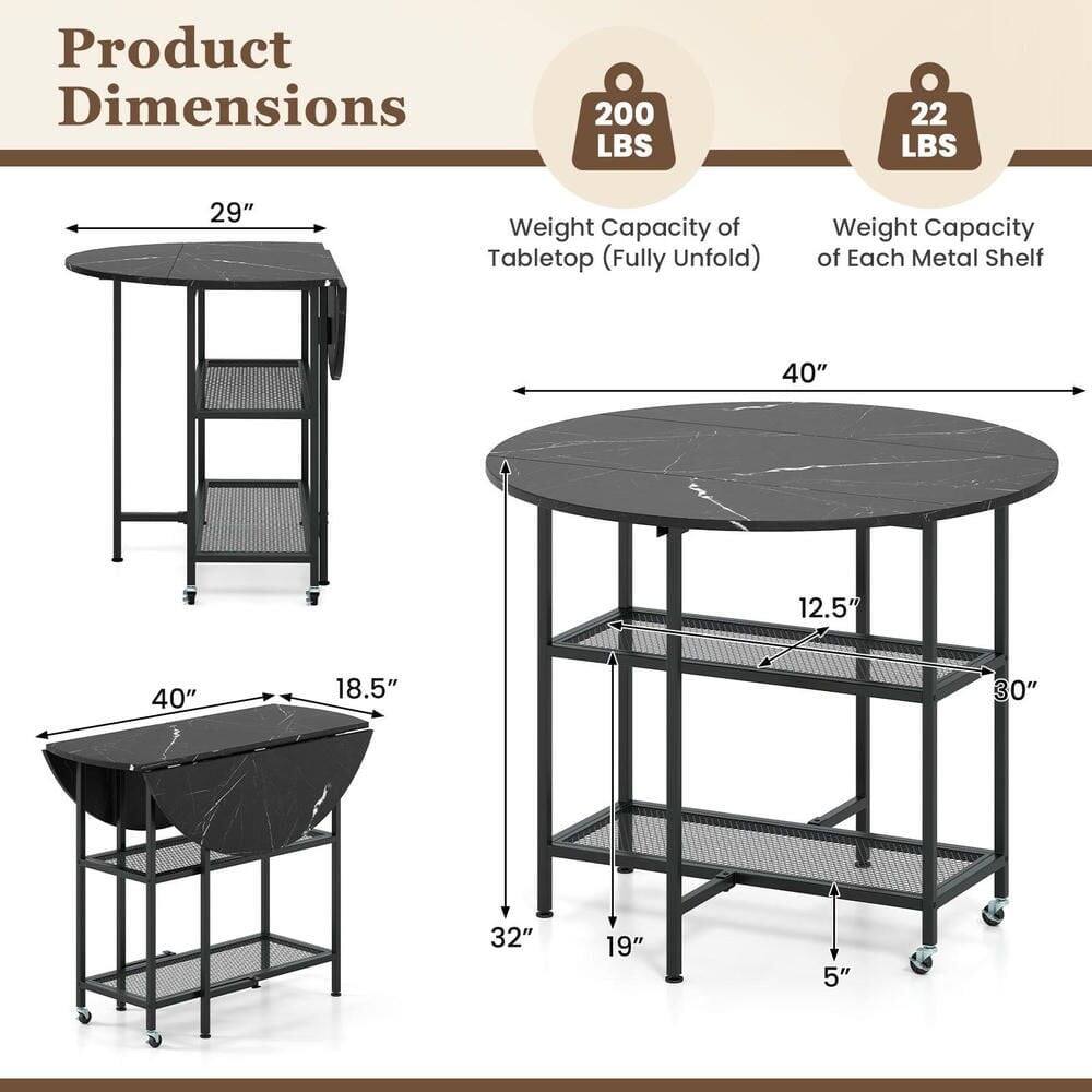 Product Dimensions

- Weight Capacity of Tabletop (Fully Unfold): 200 LBS
- Weight Capacity of Each Metal Shelf: 22 LBS

Dimensions:
- 29"
- 40"
- 18.5"
- 32"
- 19"
- 5"
- 40"
- 12.5"
- 30"
