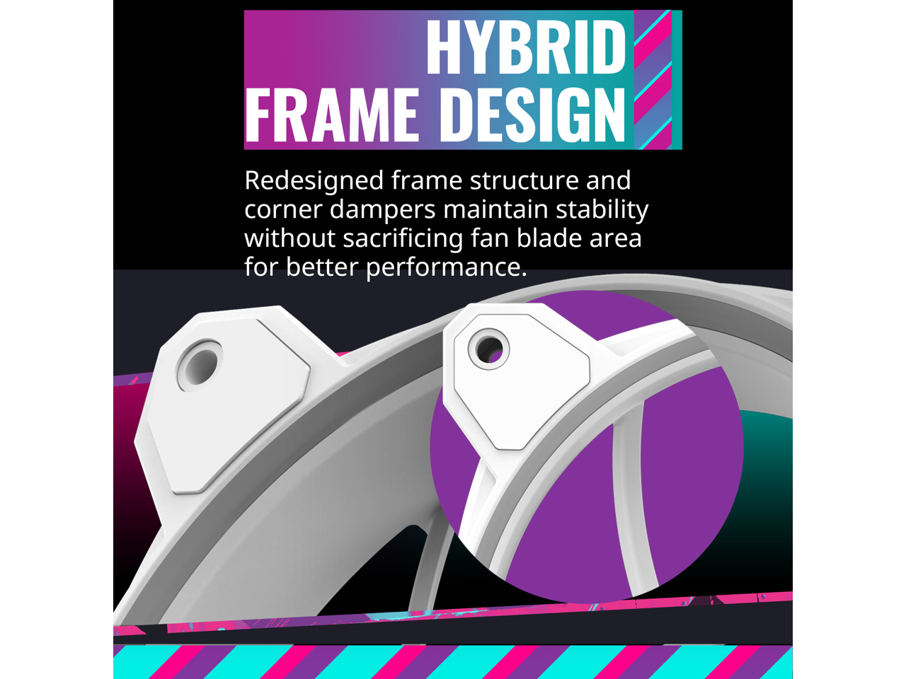 HYBRID FRAME DESIGN

Redesigned frame structure and corner dampers maintain stability without sacrificing fan blade area for better performance.