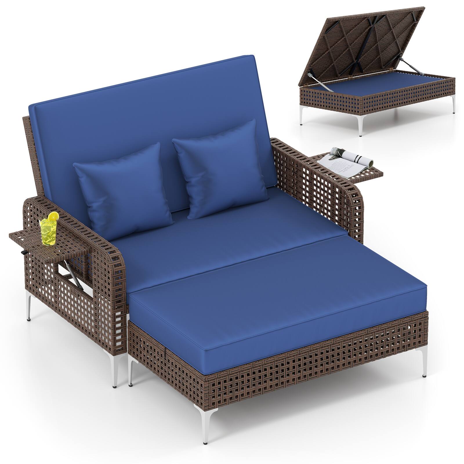 Alt View 7. Gymax - Gymax 2PCS Wicker Loveseat & Storage Ottoman w/ 4-Level Backrest & Soft Cushion Navy - Blue.
