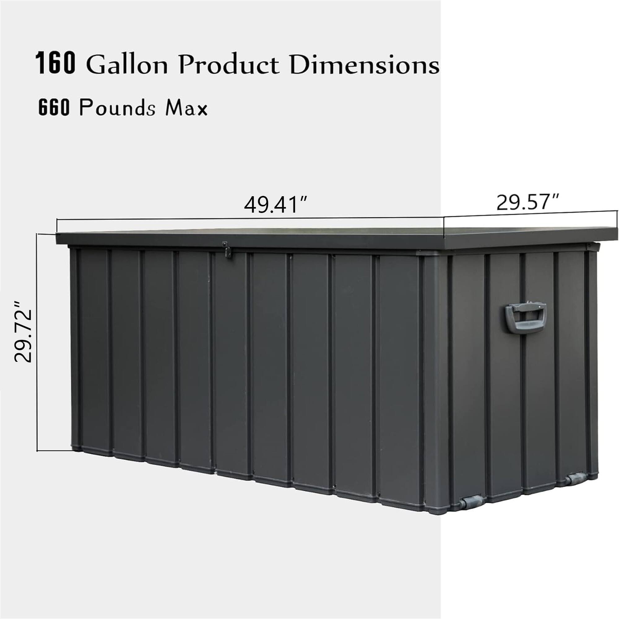 160 Gallon Product Dimensions  
660 Pounds Max  
49.41" x 29.57" x 29.72"
