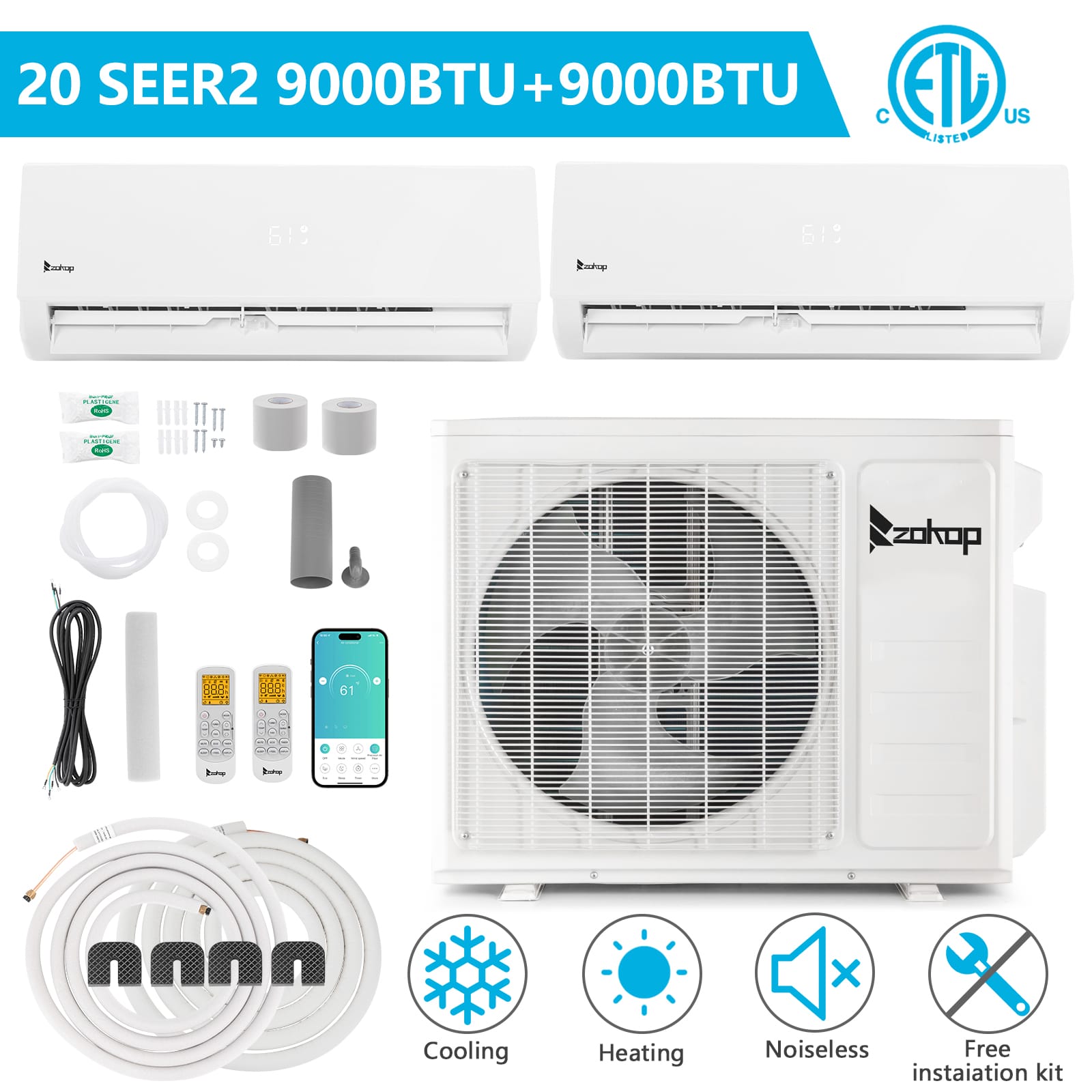 Winado - 18000 BTU Dual 2 Zone AC Ductless Smart Wifi Mini Split Air Conditioner & Heat Pump 9000 + 9000 BTU Full Set- 20 SEER2 - White