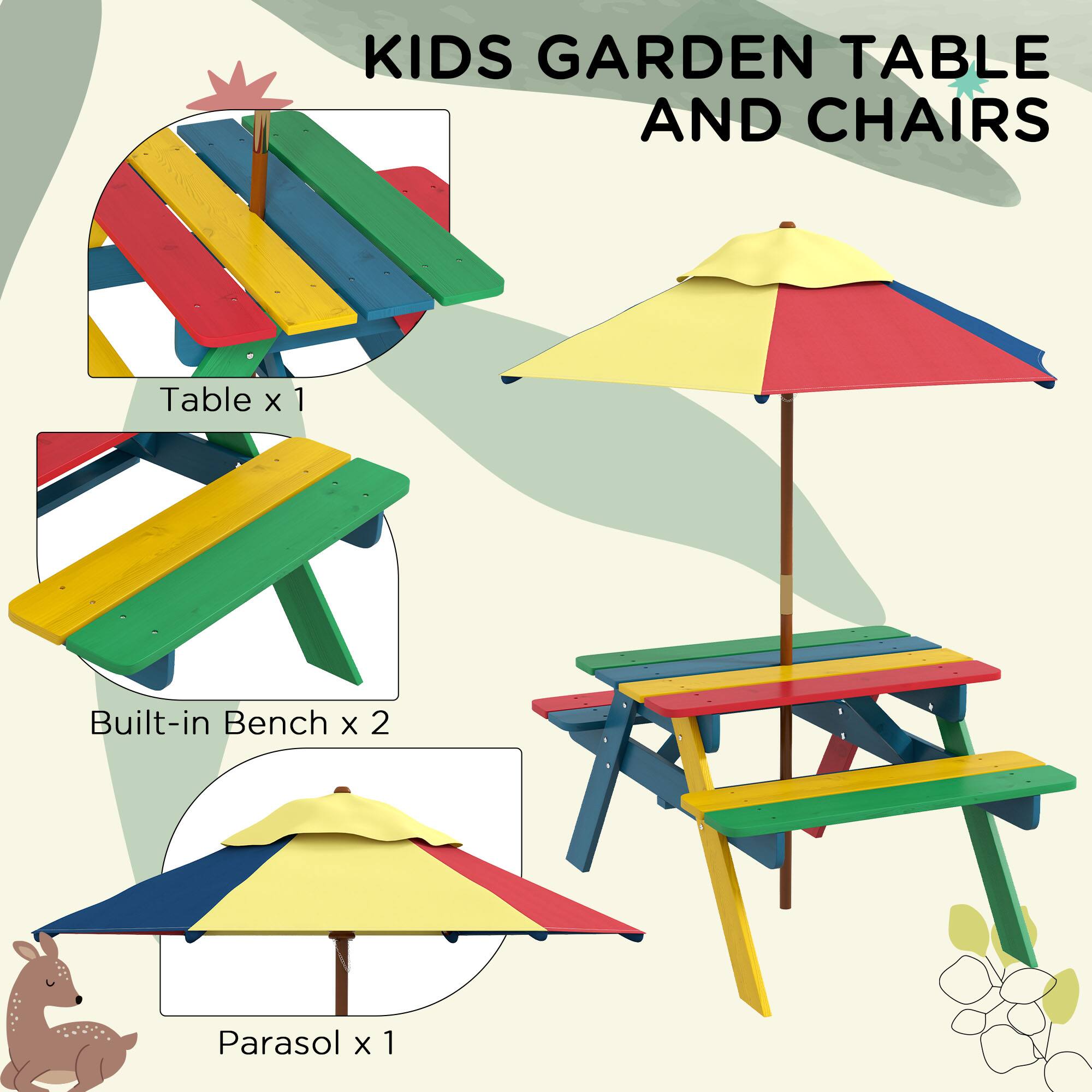 KIDS GARDEN TABLE AND CHAIRS

- Table x 1
- Built-in Bench x 2
- Parasol x 1