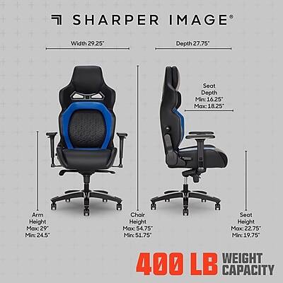 SHARPER IMAGE  
Width: 29.25"  
Depth: 27.75"  
Seat Depth: Min: 16.25" Max: 18.25"  
Arm Height: Max: 29" Min: 24.5"  
Chair Seat Height: Max: 54.75" Min: 19.75"  
WEIGHT: 400 LB CAPACITY