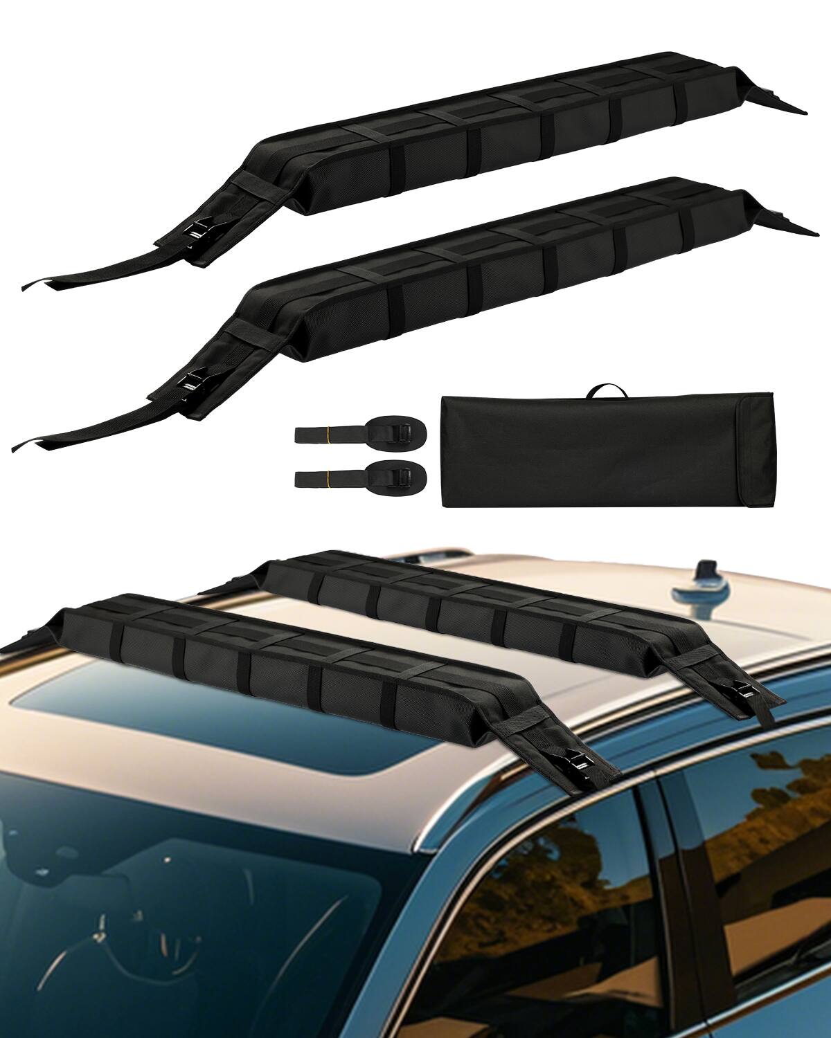 VEVOR - Soft Roof Rack Pads, 33-Inch Universal Car Roof Rack Pad, 176LBS Load Capacity Luggage Kayak Carrier - Black