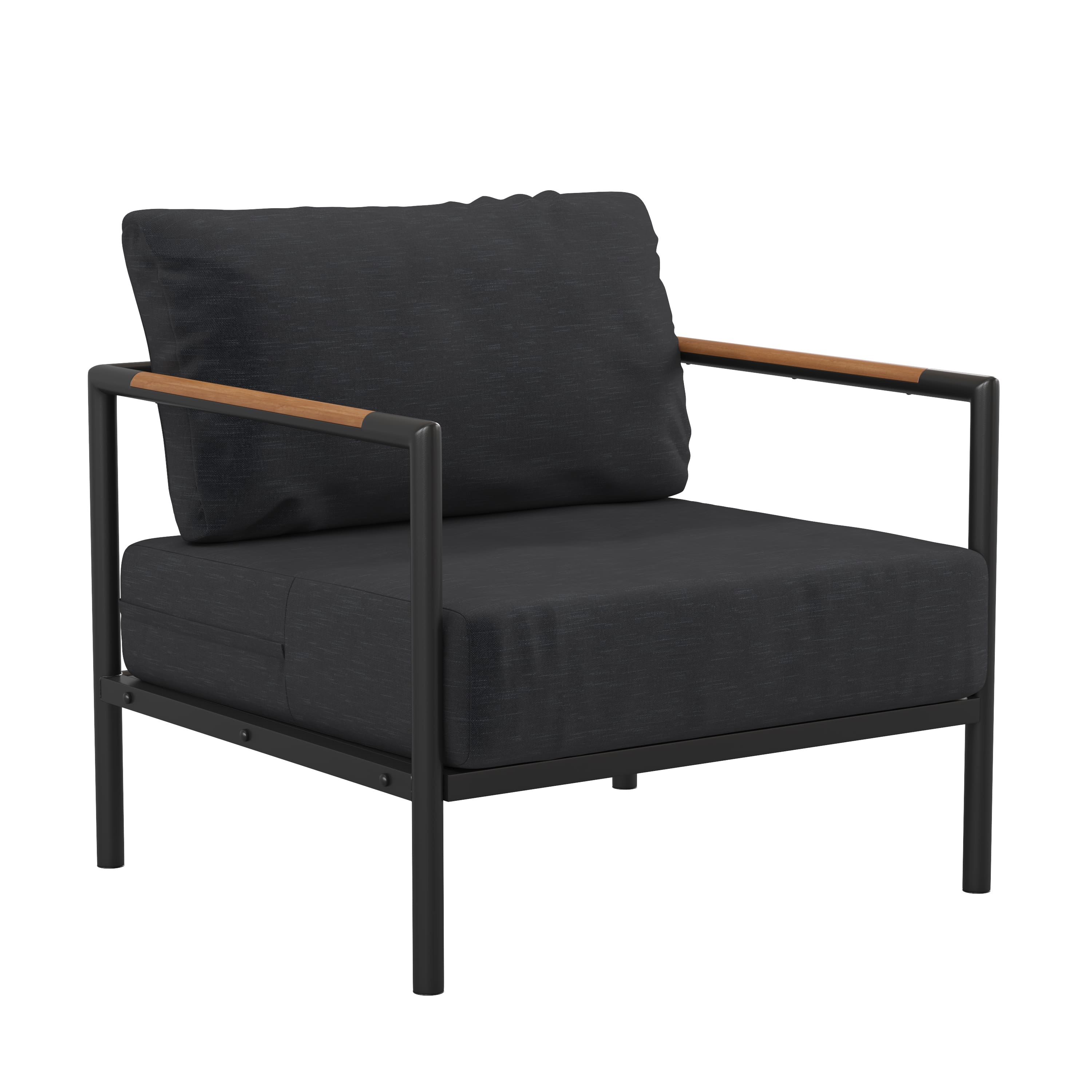 Emma + Oliver - Aluminum Frame Patio Chair with Teak Arm Accents and Plush Cushions - Charcoal