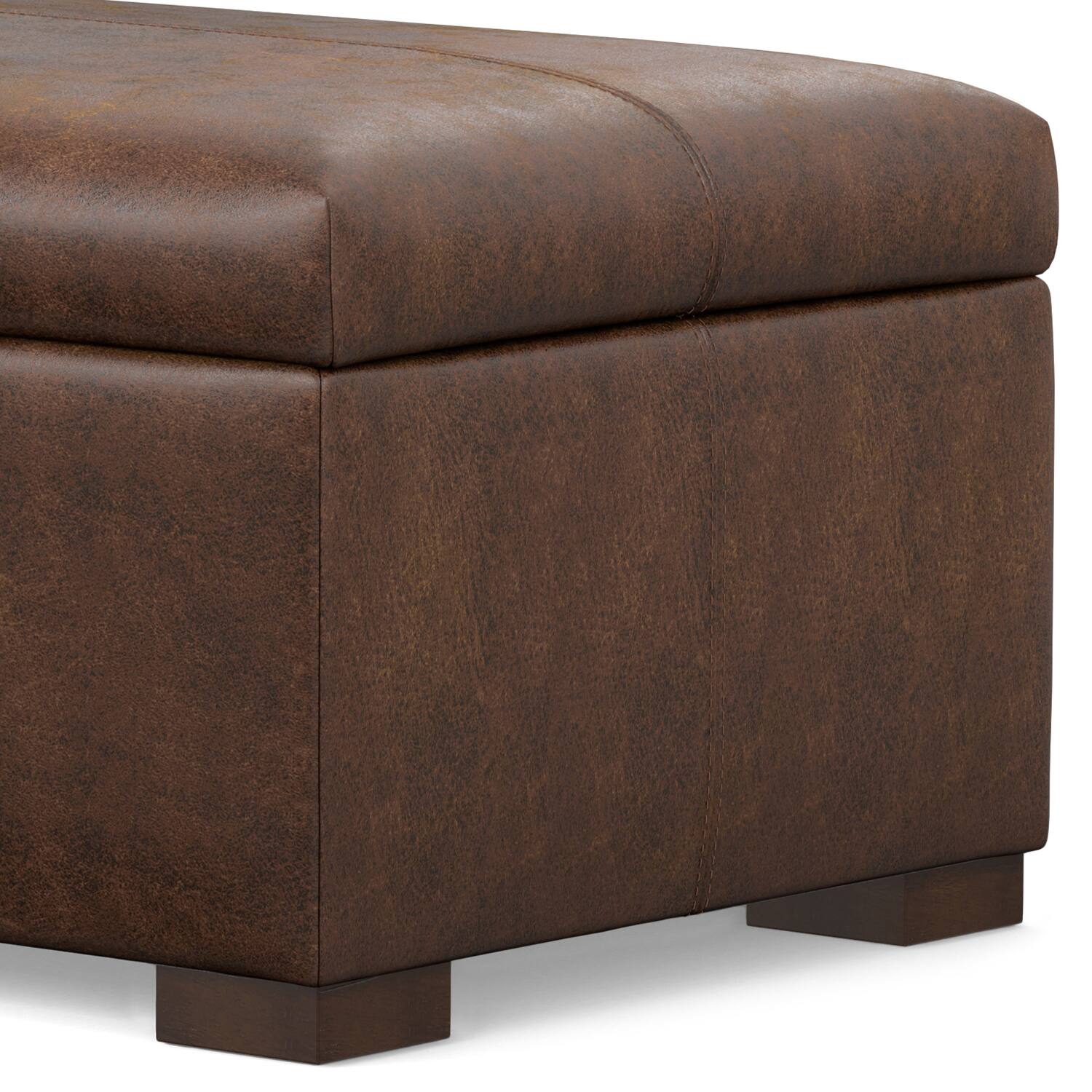 Alt View 4. Simpli Home - Gabbie 48 inch Wide Rectangular Storage Ottoman in Distressed Chestnut Brown  Vegan Leather - Distressed Chestnut Brown.