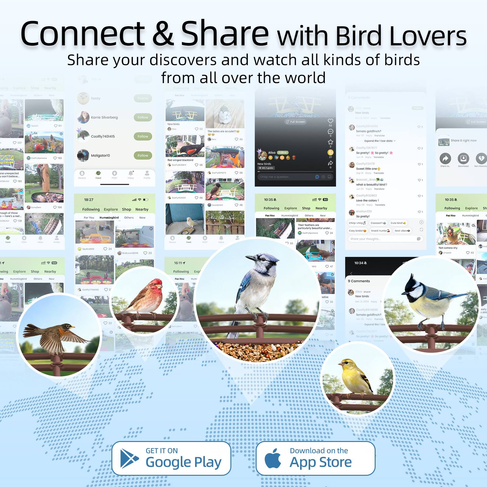 Connect & Share with Bird Lovers  
Share your discovers and watch all kinds of birds from all over the world  

- Siverberg Cooyen Fodica  
- Morigotaro  
- Foda  
- cmtasta  

Explore Shop Nearby  
- Following  
- Explore  
- Shop  
- Nearby  

GET IT ON Google Play  
Download on the App Store
