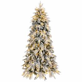 RYHNUYNE - 7FT Pre-Lit Slim Flocked Christmas Tree With 250 Warm LED Lights and 767 Tips, Metal Stand for Narrow Spaces - White