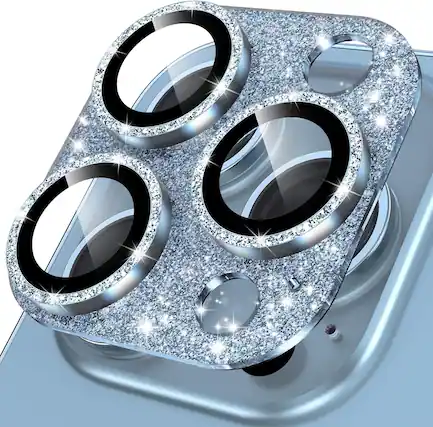 Front. PARKER SLATER - iPhone 13 Pro/Pro Max Camera Lens Protector, Glitter Diamond Metal Ring - A-Sierra Blue Glitter.