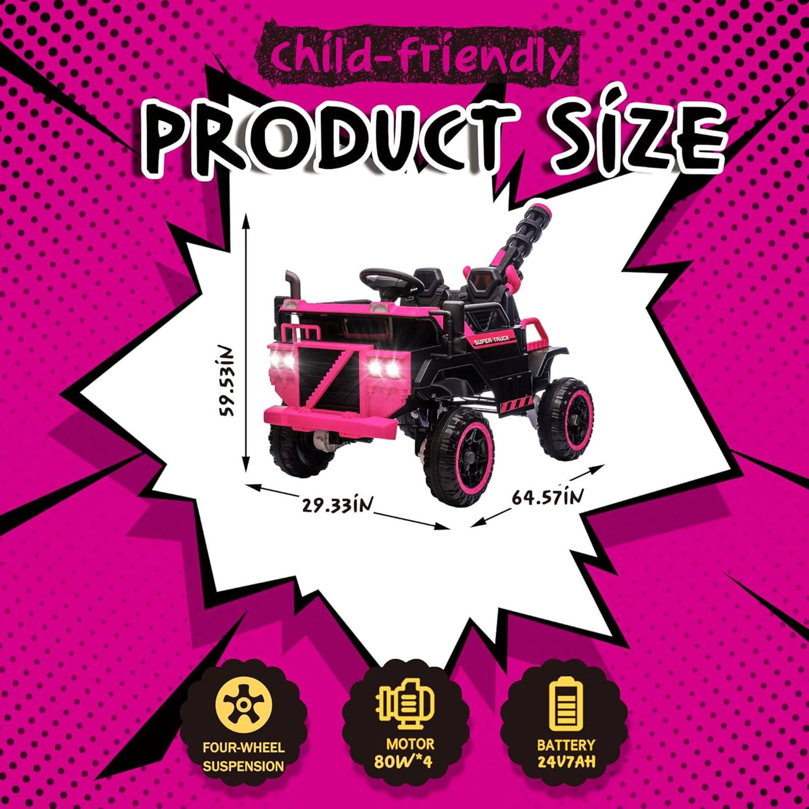 Child-friendly Product Size

- Width: 59.53 inches
- Length: 64.57 inches
- Height: 29.33 inches

Features:
- Four-wheel suspension
- Motor: 80W x 4
- Battery: 24V 7AH